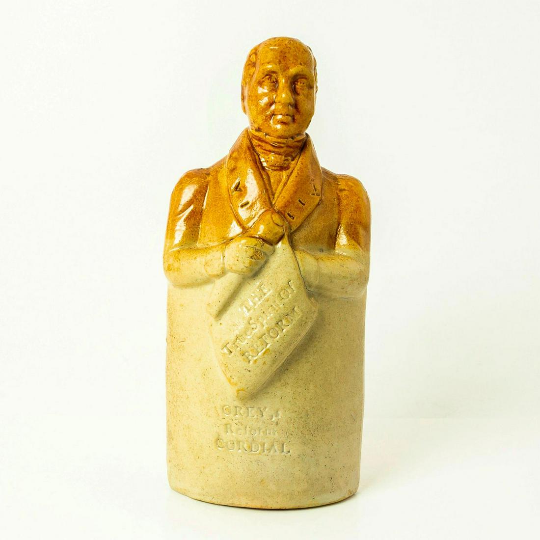 Doulton Lambeth Stoneware Flask, Lord Russell: Antique two toned ceramic wine or spirit bottle. Doulton Lambeth impressed stamps. Issued: 19th c. Dimensions: 3.25"L x 2.25"W x 7.25"H Manufacturer: Doulton Lambeth Country of Origin: England