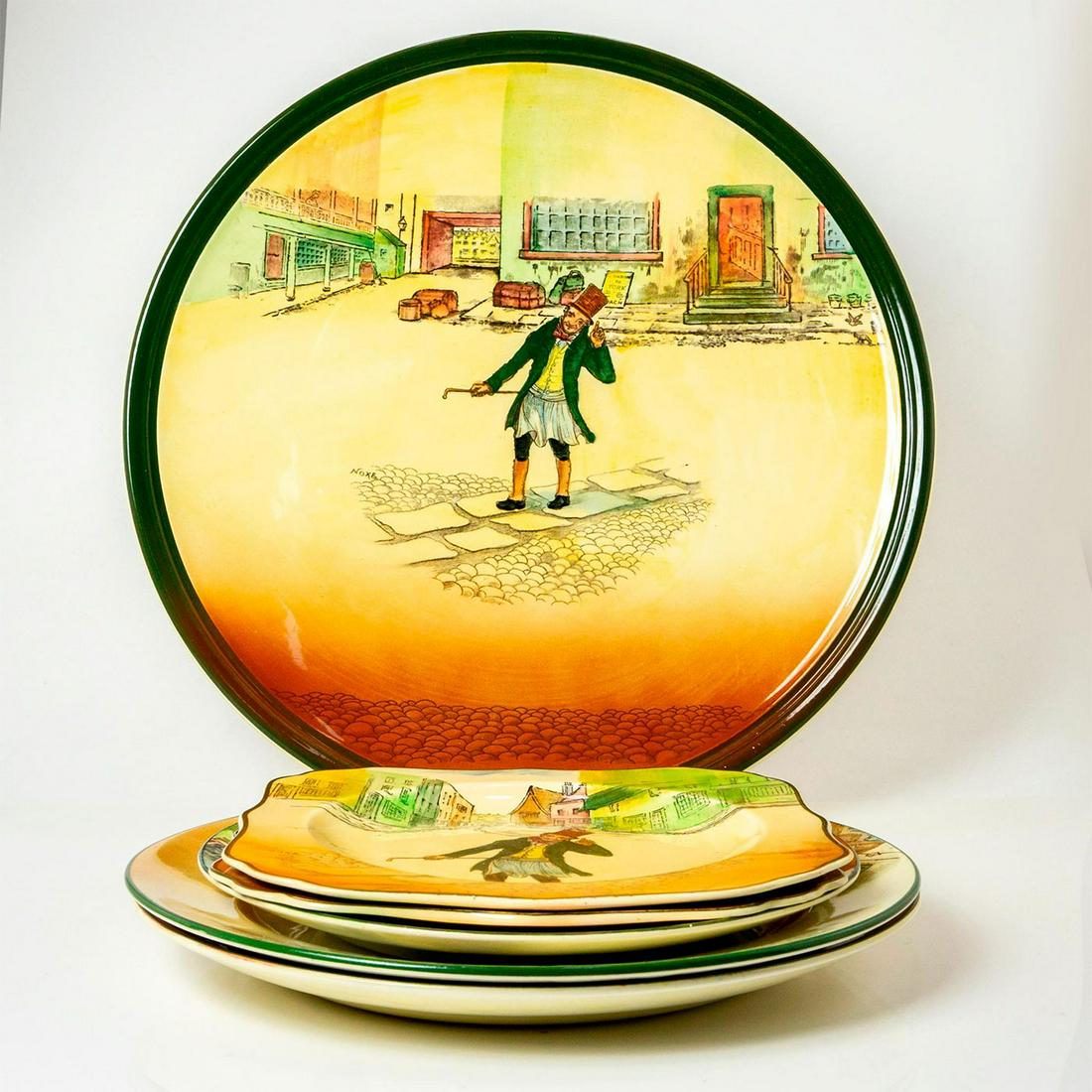 6pc Royal Doulton Dickens Seriesware Plates, Trotty Veck: Includes 3 bread and butter plates, 2 dinner plates, and 1 charger. Depicting the ticket-porter with a delightful smile. Royal Doulton Dickensware backstamps. Square plates: D.5175, 7.75"L x 7.75"W x