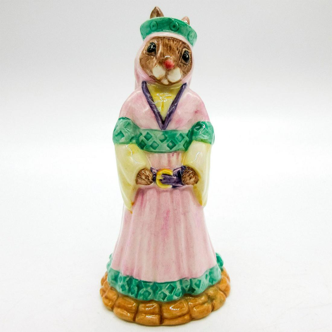 Maid Marion DB245 - Royal Doulton Bunnykins: Pink, yellow, purple, green, brown, and tan coloration. Part of the Robin Hood Collection. Royal Doulton backstamp. Artist: M. Alcock Issued: 2001 - 2003 Dimensions: 4.25"H Manufacturer: Royal Doulton