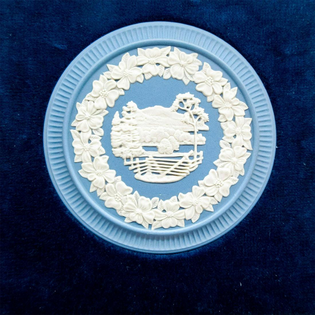 Wedgwood Pale Blue Jasperware, Great Smokey Mountains Plaque: Housed in brown wooden frame with navy blue velvet mat board. Sprigged decoration of Smokey Mountains. Loop hanger on the back. Wedgwood impressed on the back of medallion. Weight - 15.9 oz. Medallion