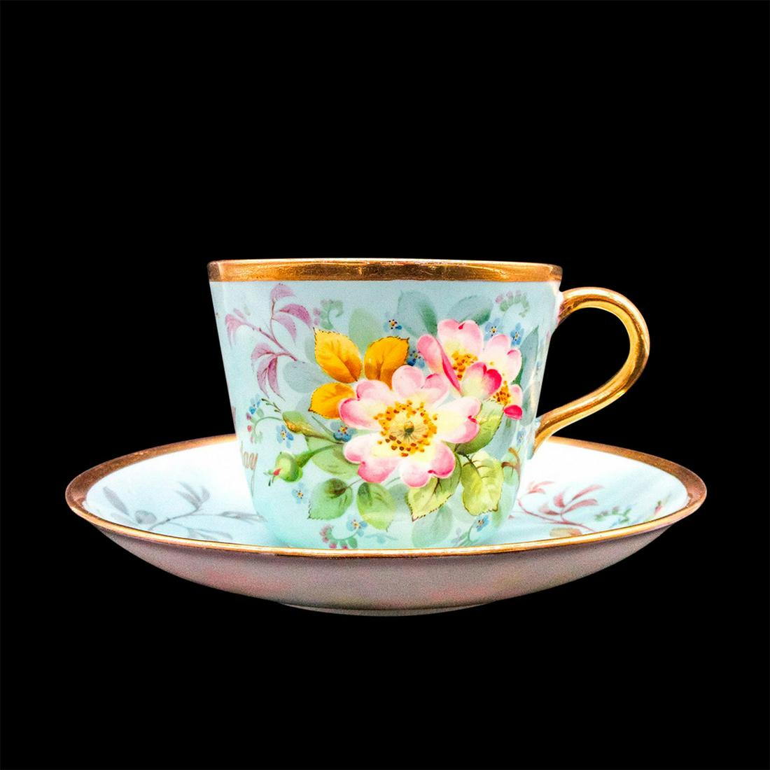Bishop & Stonier Mustache Tea Cup and Saucer: Robin's egg blue porcelain with hand-painted flowers and gold tone rim. Moustache partition to protect moustache from beverage. Bishop & Stonier backstamp. Cup size - 2.25"H x 3.25" di