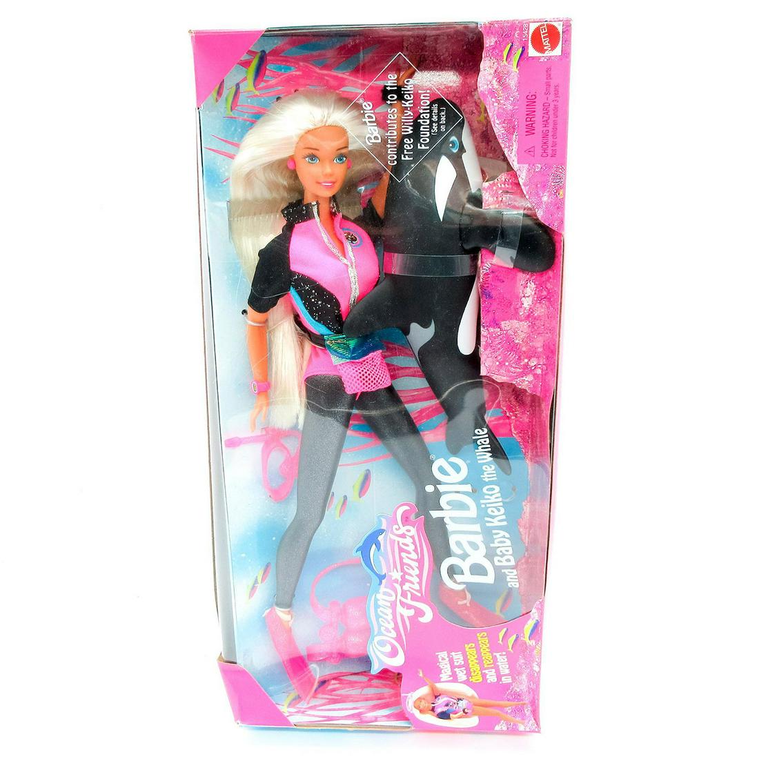 Vintage Mattel Barbie Doll, Barbie and Baby Keiko the Whale: Features Barbie wearing a neon pink and blue swim suit with sparkly pink diving accessories. Includes baby orca Keiko. Model number 15428. Magical wet suit disappears and reappears in water. Comes in