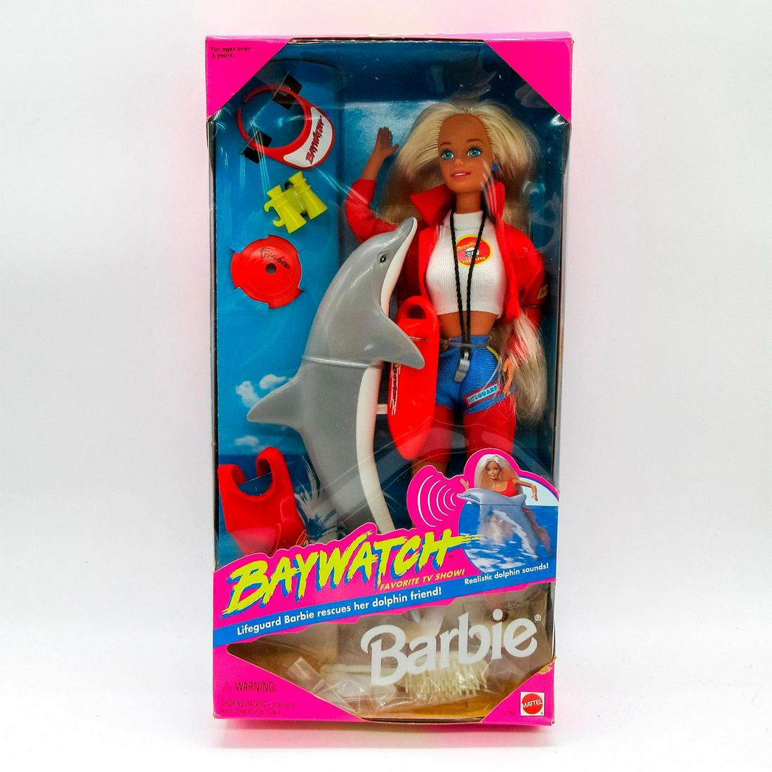 Vintage Mattel Barbie Doll, Baywatch: In original box, unopened. #13199. Original box included. Dimensions of box: 6.5"L x 2.5"W x 12.75"H. #Barbie #Mattel Issued: 1994 Dimensions: 11.5"H Manufacturer: Malaysia Country of Origin: Mattel