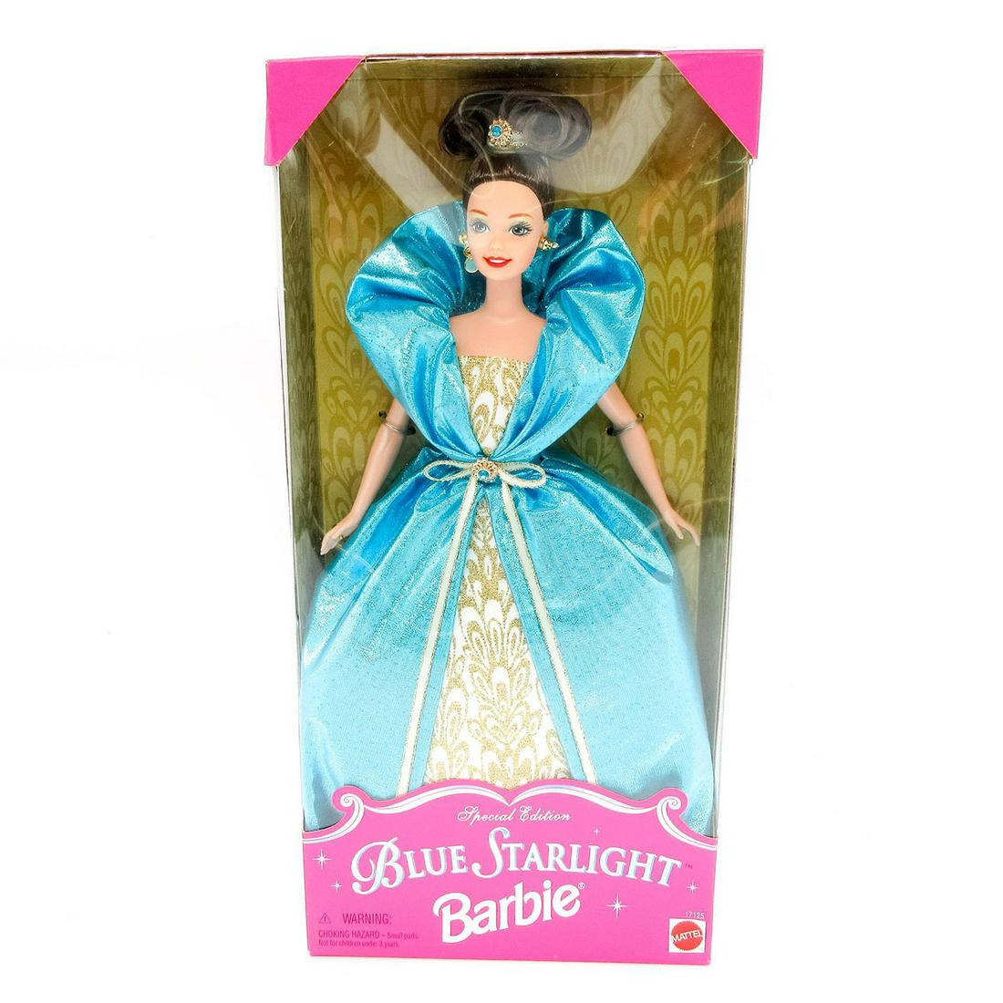 Vintage Mattel Barbie Doll, Blue Starlight: Features brunette Barbie wearing a dazzling blue and gold gown with sparkling jewelry. Model number 17125. Special edition. Comes in unopened original box. 12.75"L x 6"W x 2.5"H. #Barbie #Mattel #Barb