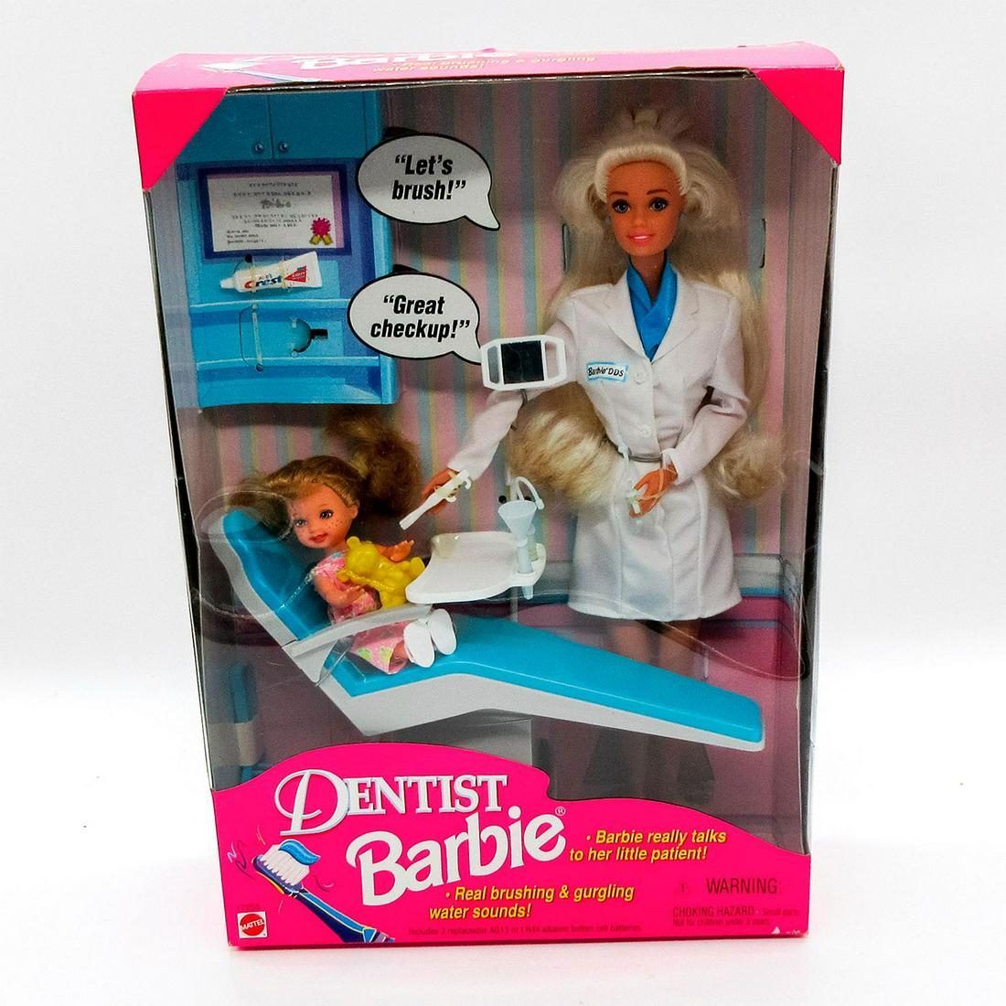 Vintage Mattel Barbie Doll, Dentist: Blonde doctor. Little girl in chair is also blonde. Features authentic elements including instruments, chair & patient. #17255. Includes unopened box. Dimensions of box: 13"L x 3.25"W x 13"H. #mattel