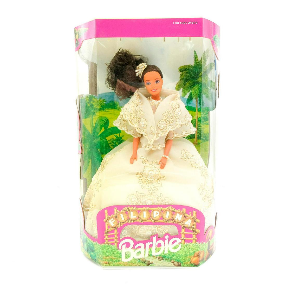 Vintage Mattel Barbie Doll, Filipina: Features Barbie with puffy side pony-tail wearing an embroidered and sequenced white gown. Model number 60481-9902. Limited edition. Comes in unopened original box. 14"L x 9"W x 4.5"H. #Barbie #Mattel