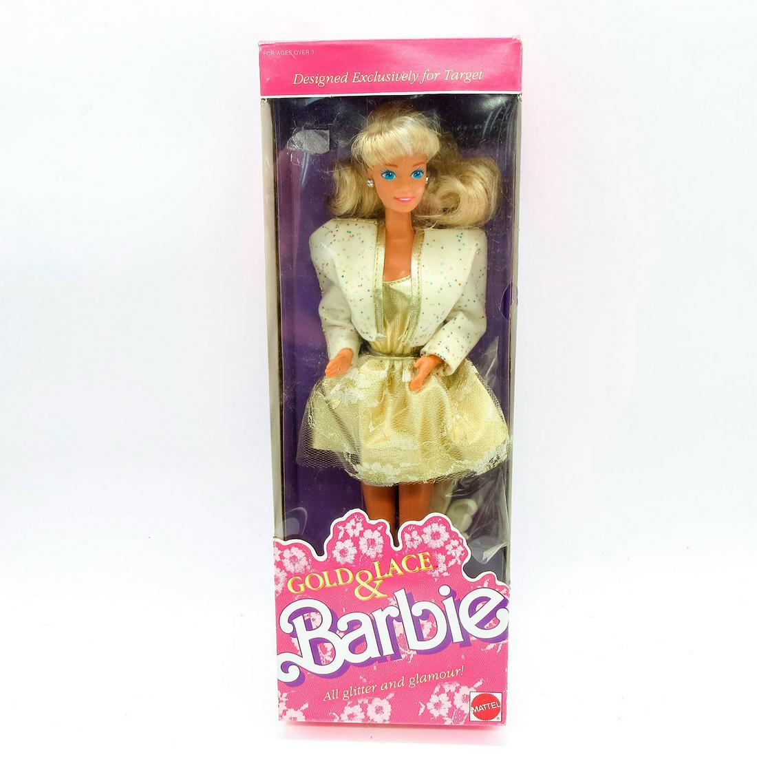 Vintage Mattel Barbie Doll, Gold & Lace: Exclusive for Target. #7476. Original box included. In original box, unopened. Dimensions of box: 4.5"L x 2.5"W x 13"H. #Barbie #Mattel Issued: 1989 Dimensions: 11.5"H Manufacturer: Malaysia Country o