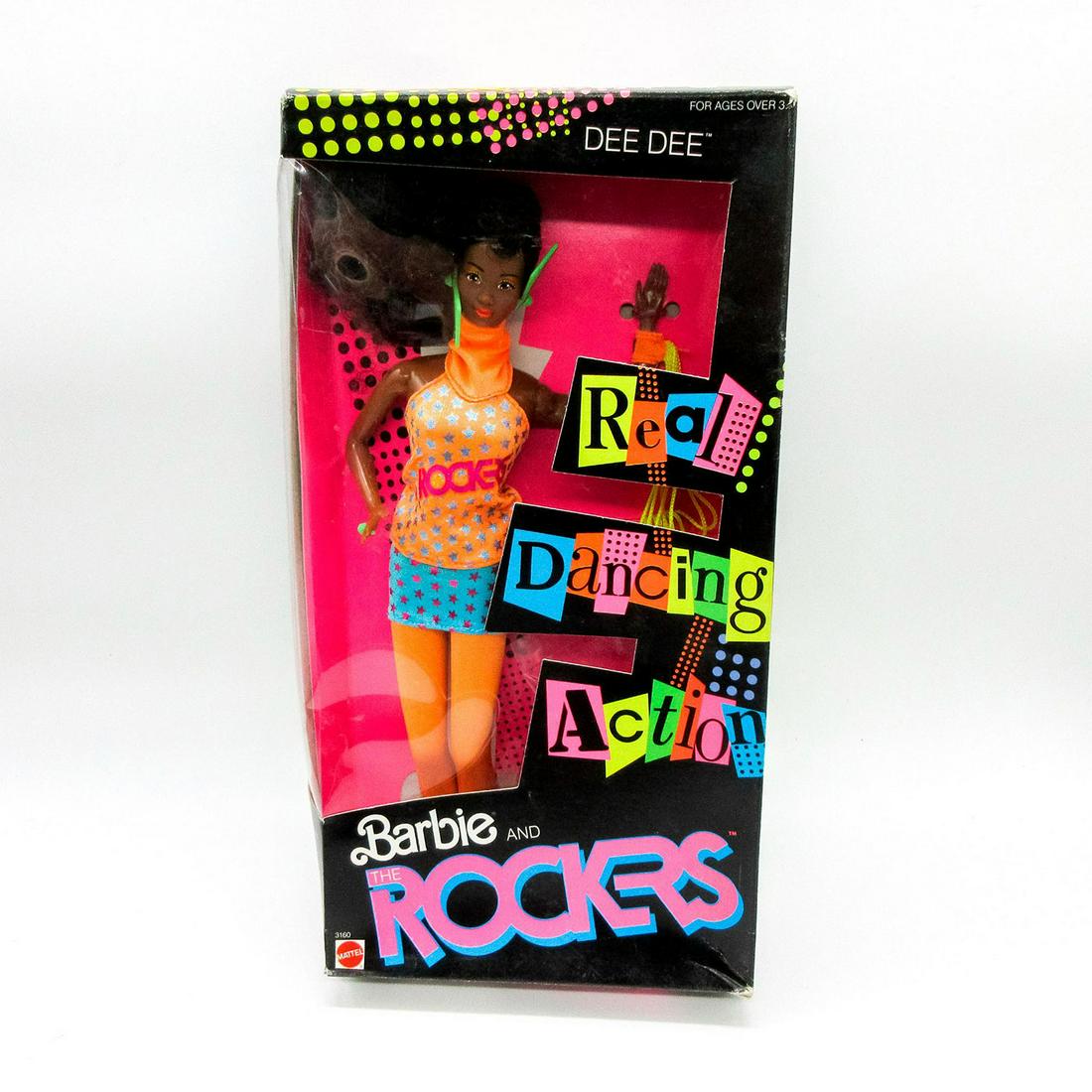 Vintage Mattel Barbie Doll, Real Dancing Action Dee Dee: Features Dee Dee wearing the hottest fashion of the rockin' 80s. Includes geometric earrings and neon colored outfit. Model number 3160. Waist tilts side from to side. From the Barbie and the Rockers