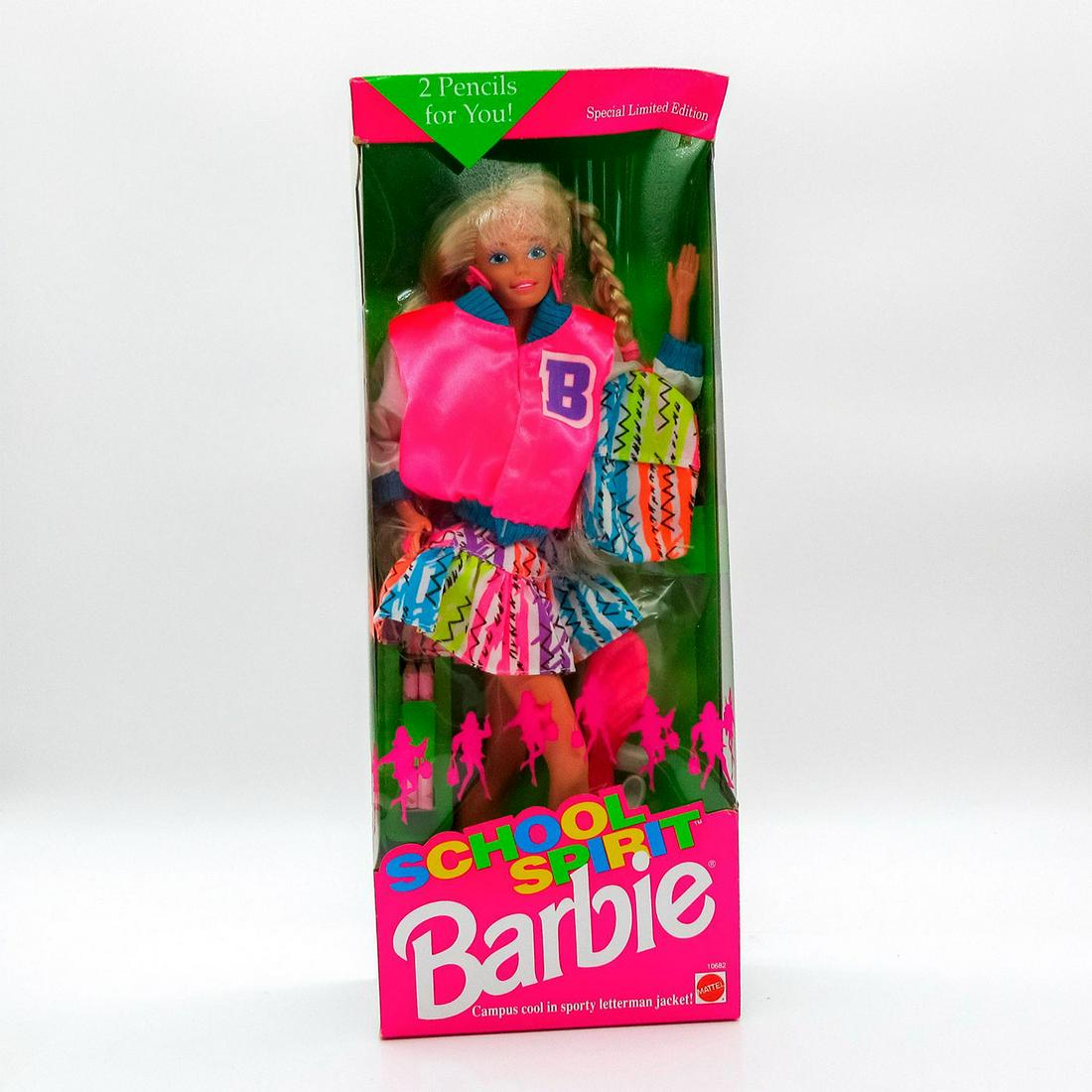 Vintage Mattel Barbie Doll, School Spirit: Special Limited Edition. In original box, unopened. #10682. Dimensions of box: 14"L x 11"W x 4"H. #school #Barbie #spirit #mattel #gold #colors #campus Issued: 1993 Dimensions: 11.5" H Manufacturer: M