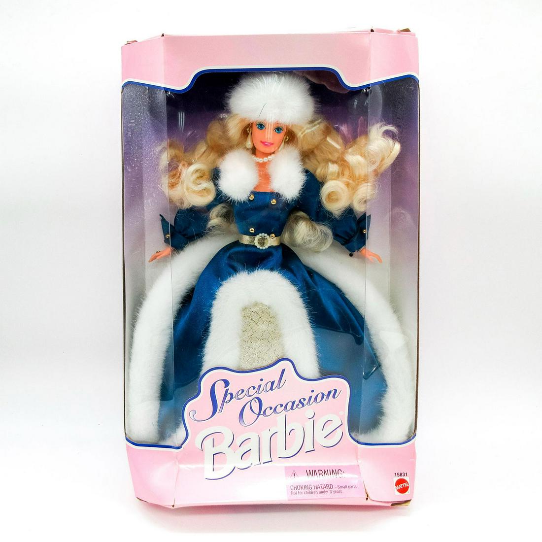 Vintage Mattel Barbie Doll, Special Occasion: Features blonde Barbie wearing a dark blue satin gown with gold details and white fur trim. Model number 15831. Comes in unopened original box. 13"L x 8.25"W x 3"H. #Barbie #Mattel #BarbieCollection I