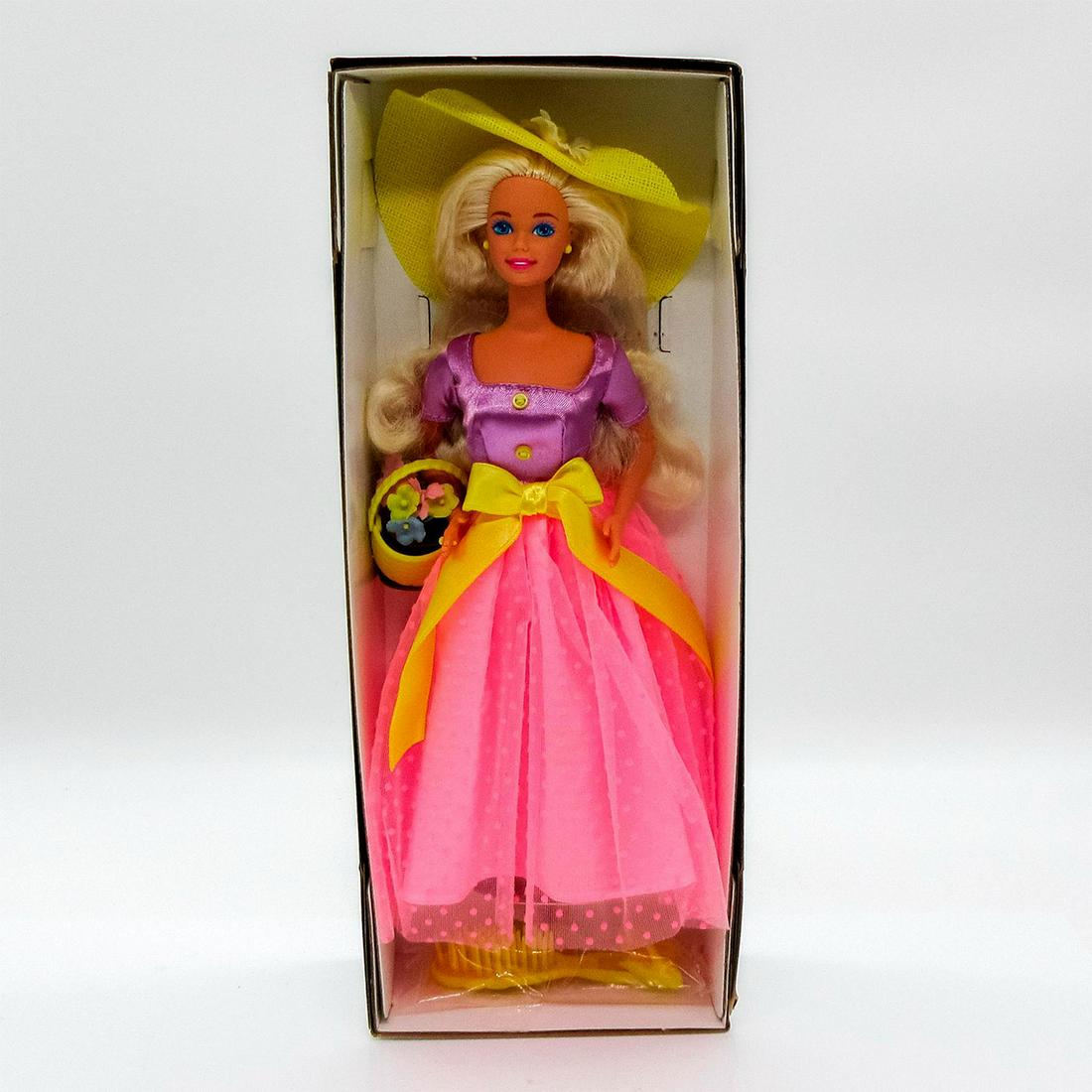 Vintage Mattel Barbie Doll, Spring Blossoms: Adorable piece featuring bright pretty Easter colors of pink purple yellow with hat and basket of flowers. Avon Exclusive. First in a series. Special Edition #15201. Dimensions of box: 13"L x 3"W x 13