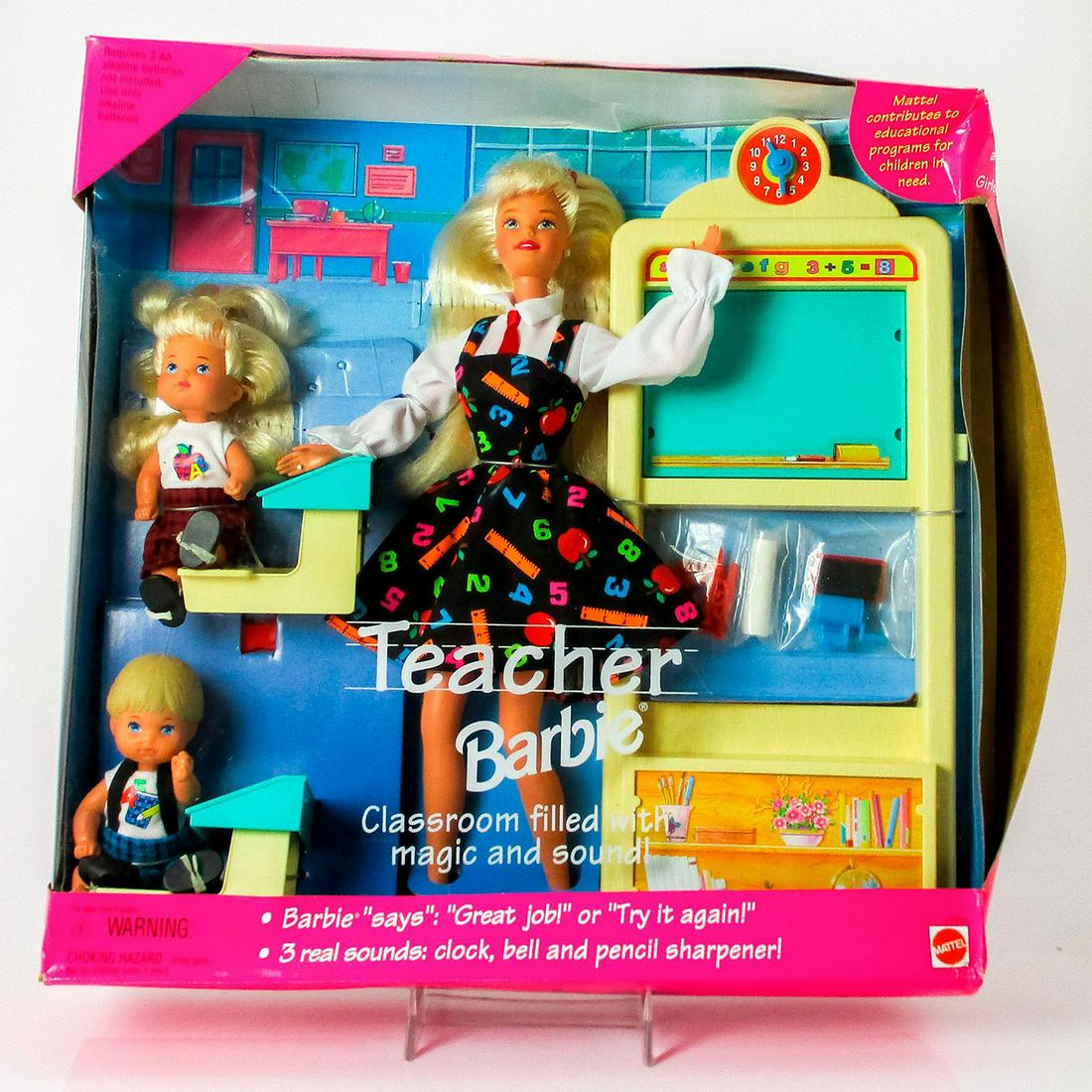 Vintage Mattel Barbie Doll, Teacher Doll Set: Featuring Blonde instructor with students in classroom setting. #16210. Includes original unopened box. Dimensions of box: 13"L x 13"W x 3"H. #mattel #Barbie #classroom #teacher #class #students Issue