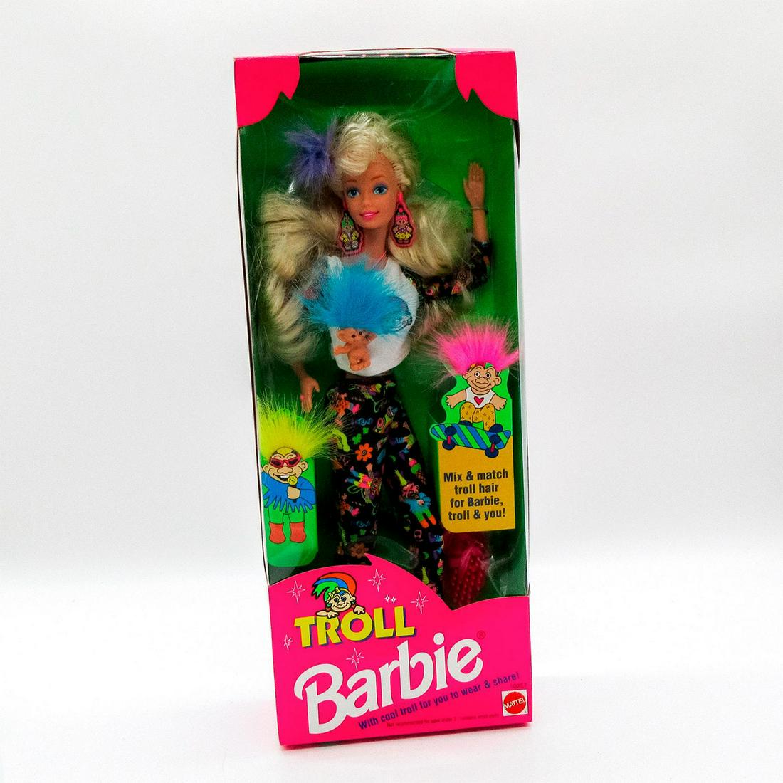 Vintage Mattel Barbie Doll, Troll: In original box, unopened. #10257. Dimensions of box: 13"L x 6.5"W x 2.5"H. #troll #Barbie #mixandmatch #style #magic #mattel Issued: 1994 Dimensions: 11.5" H Manufacturer: Mattel Country of Origin: I