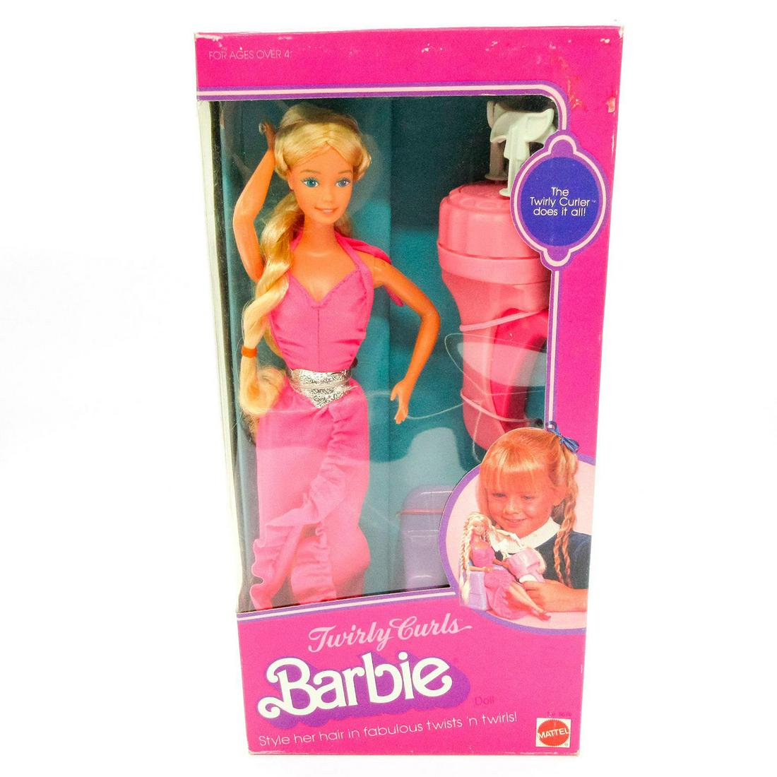 Vintage Mattel Barbie Doll, Twirly Curls: In original box, unopened. #5579. Original box included. Dimensions of box: 6.25"L x 3"W x 13"H. #Barbie #Mattel Issued: 1982 Dimensions: 11.5"H Manufacturer: Taiwan Country of Origin: Mattel