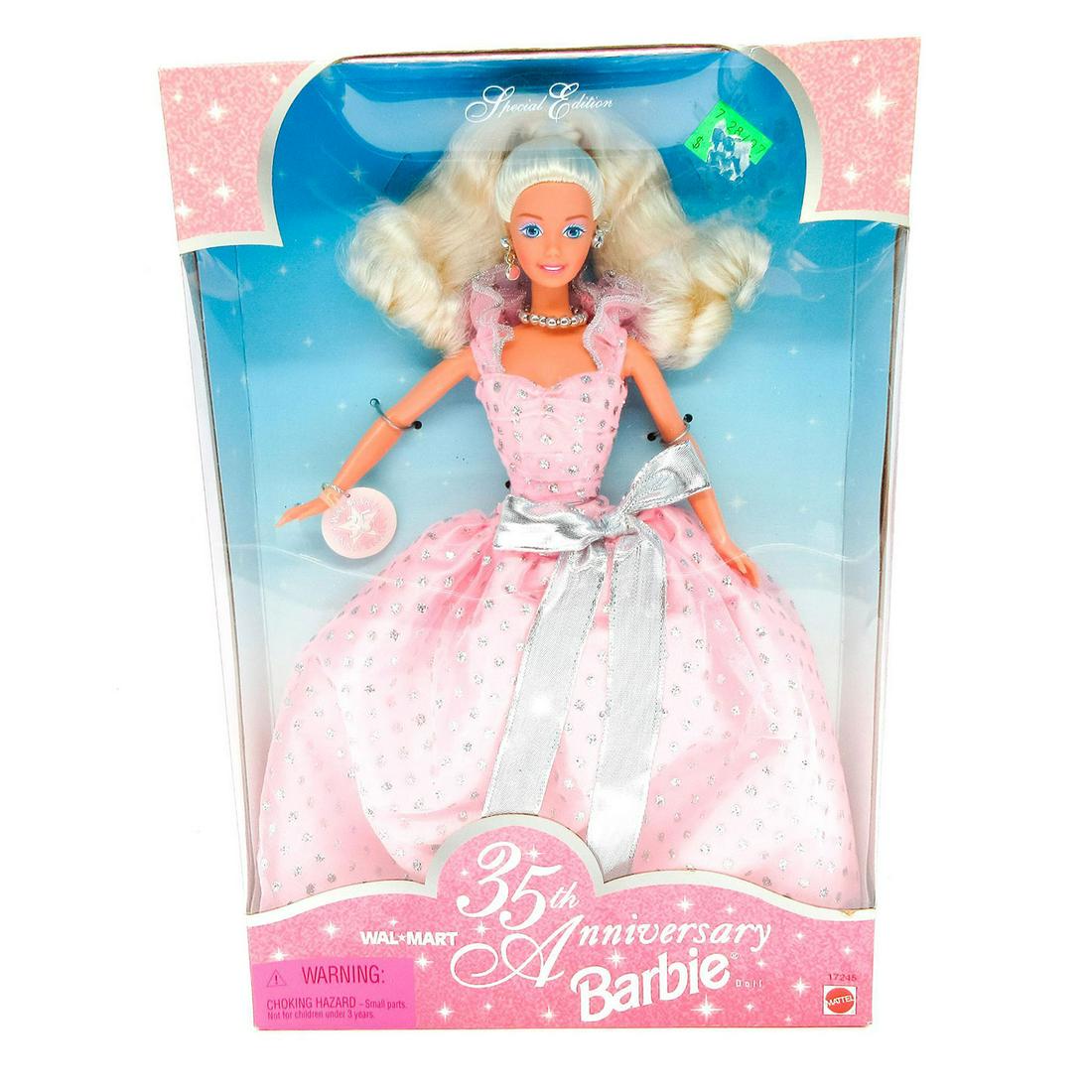 Vintage Mattel Barbie Doll, Walmart 35th Anniversary: Features blonde Barbie wearing light pink tulle dress with sparkly silver polka dots and bow. Special edition. Model number 17245. Comes in unopened original box. 12.25"L x 8.5"W x 2.5"H. #Barbie #Mat