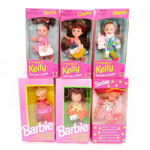 6pc Vintage Mattel Barbie Dolls, Li'l Friends Set: Includes: Becky (#14853), Chelsie (#14852), Melody (#14854), and three other little girls (#11853, #3539, #3536). Original box included. In original boxes. Dimensions of boxes: 3.625"L x 1.75"W x 7"H.