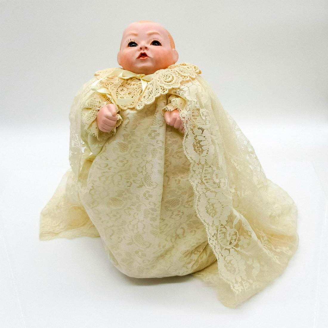 Vintage Hand Painted Bisque Doll, Prince William Baptism: Dressed in lovely lace ceremonial baby gown. Dimensions: 16.5" H