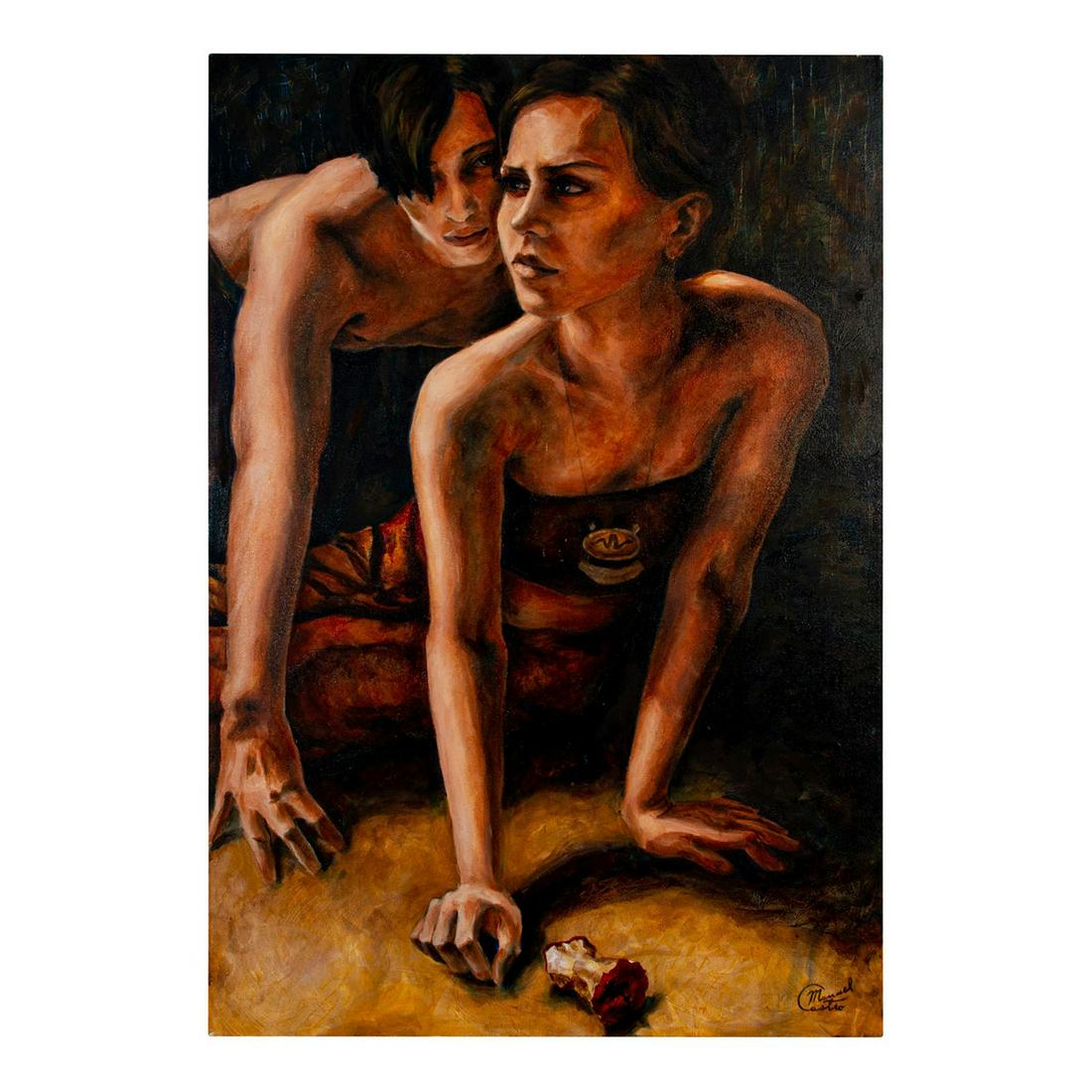Manuel "Manny" Castro (Spanish, 1944-2020) Oil Painting on Canvas: Portrait of two women. Titled A & E and dated 2002 on verso, signed lower right and on verso. Measures 36" x 24". Unframed. #Art #Paintings Artist: Manuel Castro Issued: 20th c.