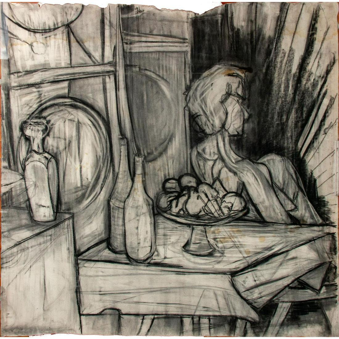 Mark Beard (American, b.1956) Large Charcoal Drawing: Study of a seated woman with a bowl full of fruits, and bottles by the side. Work on paper. Signed on verso. Measures 61.5" x 59.5". Unframed. #Art #Paintings Artist: Mark Beard Issued: 20th c.