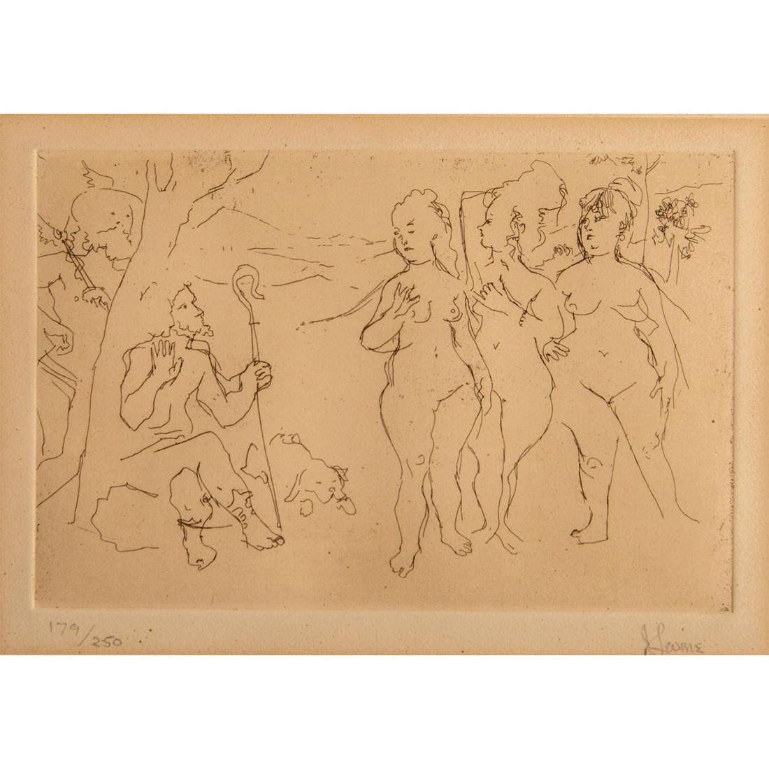 Jack Levine (American, 1915-2010) Etching Judgment Of Paris: Three nudes and a seated old man. Signed in pencil lower right, numbered 179/250 lower left. Measures 15" x 13" full size, 9" x 7" image only. Unframed. #Art #Prints Artist: Jack Levine Issued: 20th c