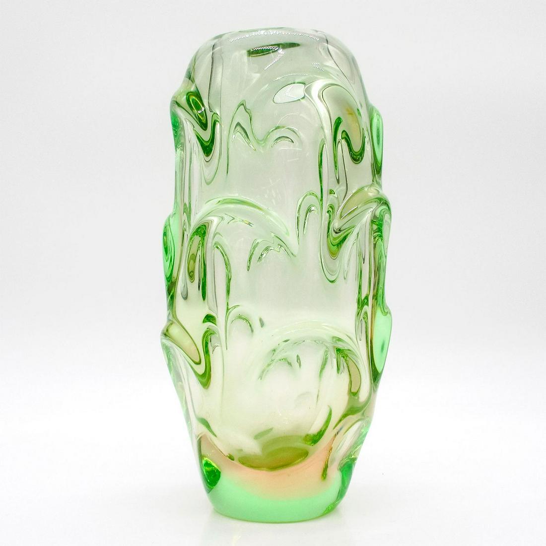 Vintage Skrdlovice Glassworks Art Glass Vase, Green: Beautifully crafted glass vase with textured body. Amber and green coloration. Artist: Jan Beranek Issued: 1959 Dimensions: 7.25" H Country of Origin: Czechoslovakia
