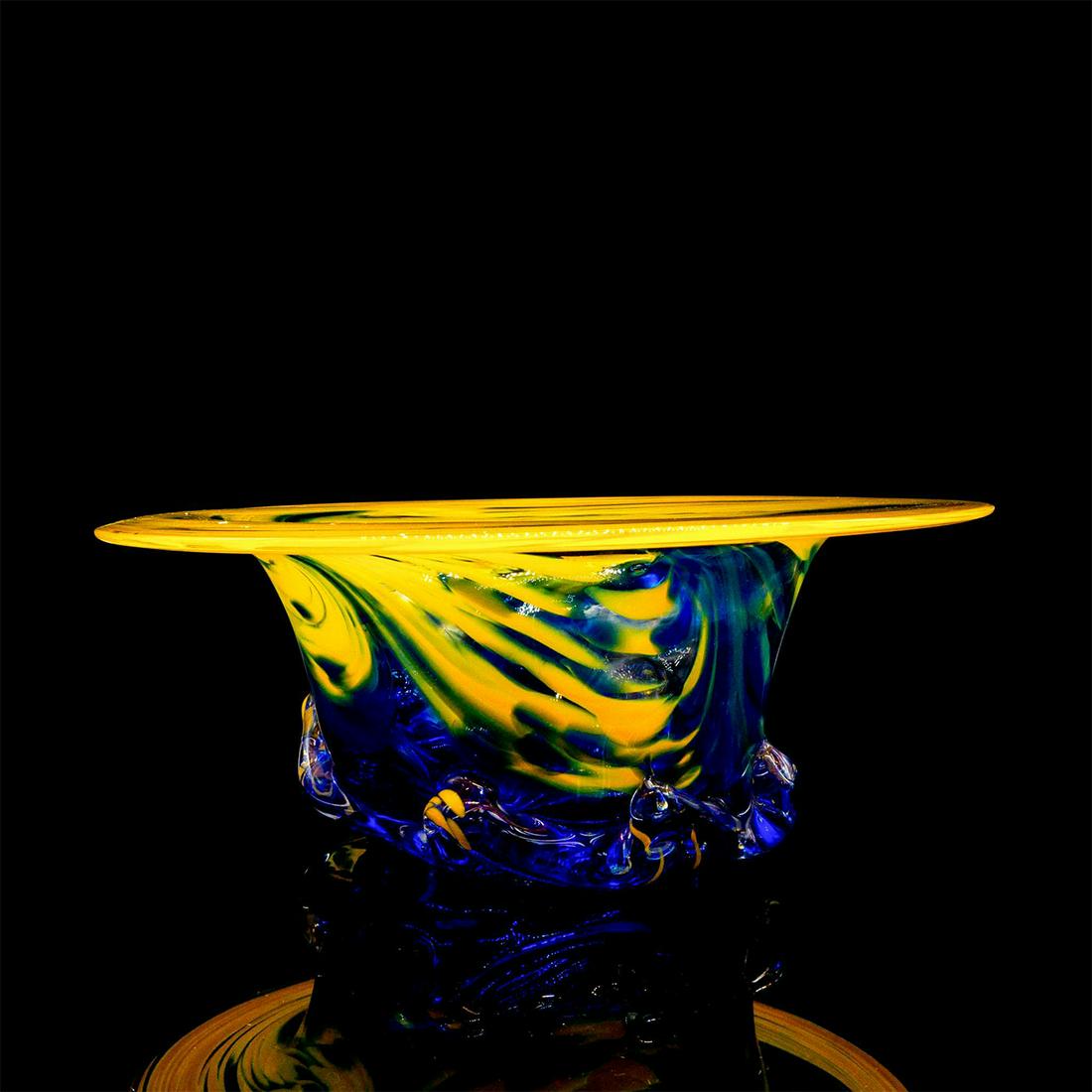 Andre Signed Large Art Glass Bowl, Yellow and Blue (1 of 3)