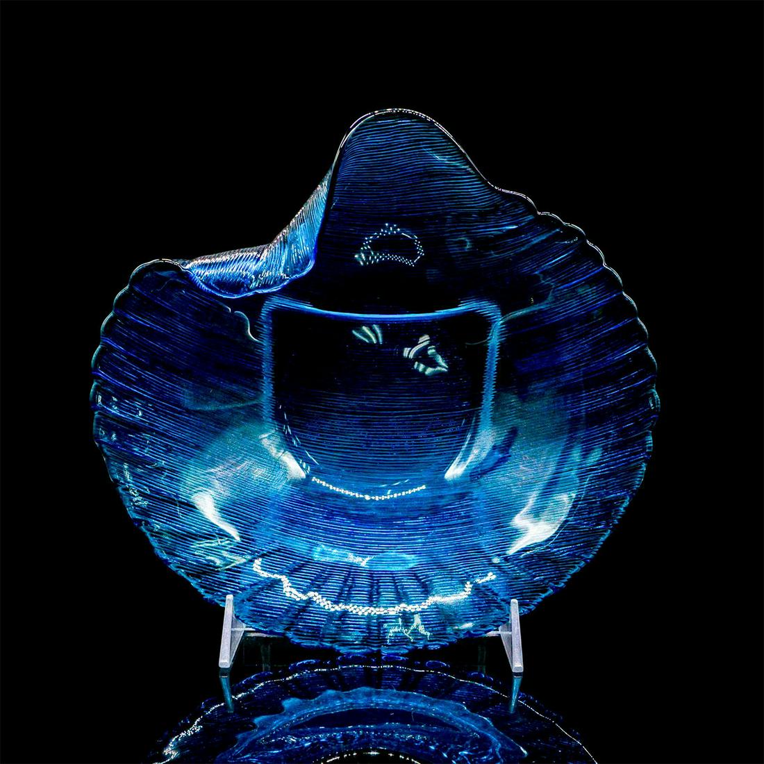 Vintage Art Glass Bowl, Seashell: Glass bowl with scalloped edge and pressed line texture to exterior. Deep blue color. Dimensions: 9.75" W x 2.75" H