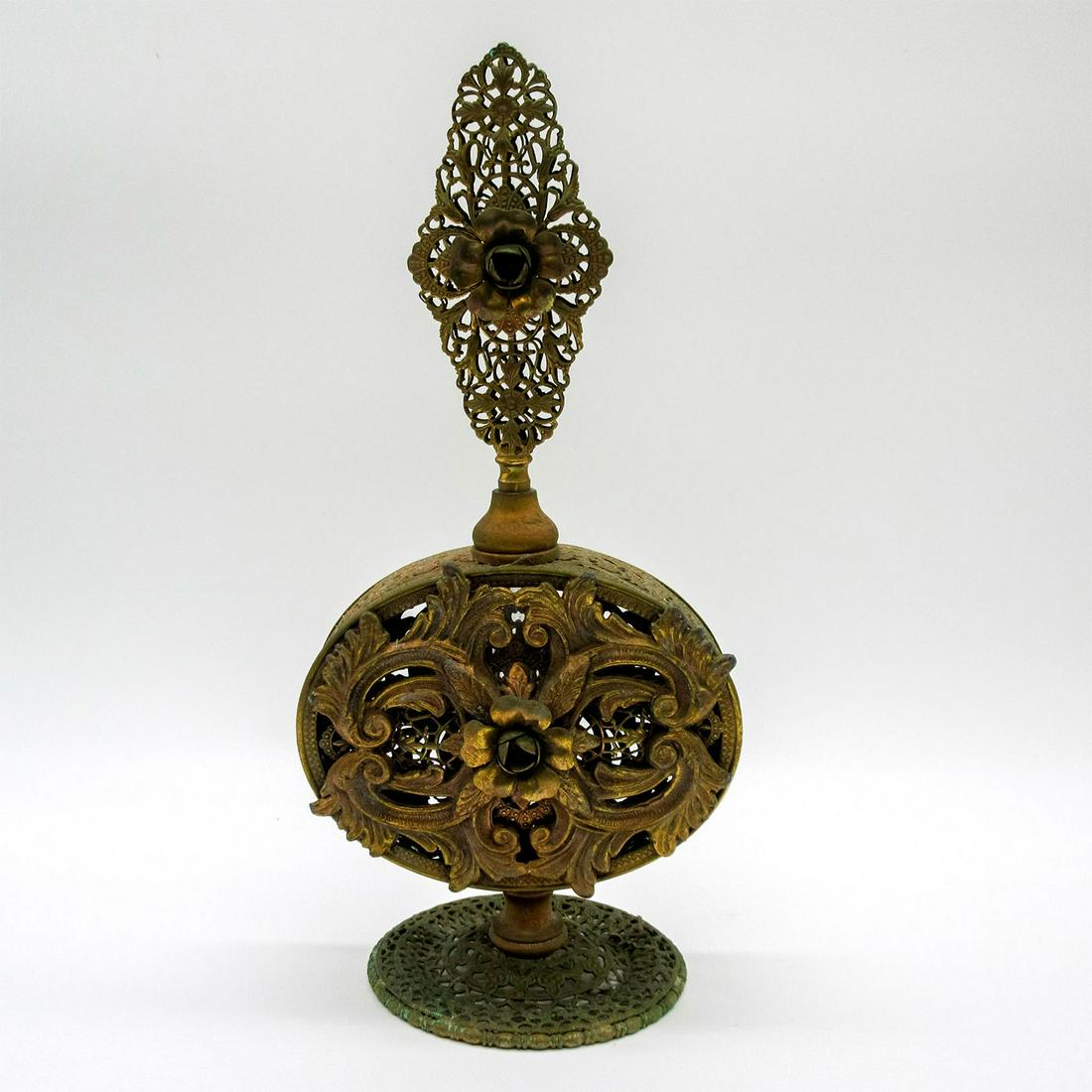 Antique Large Filigree Brass and Glass Footed Perfume Bottle (1 of 4)