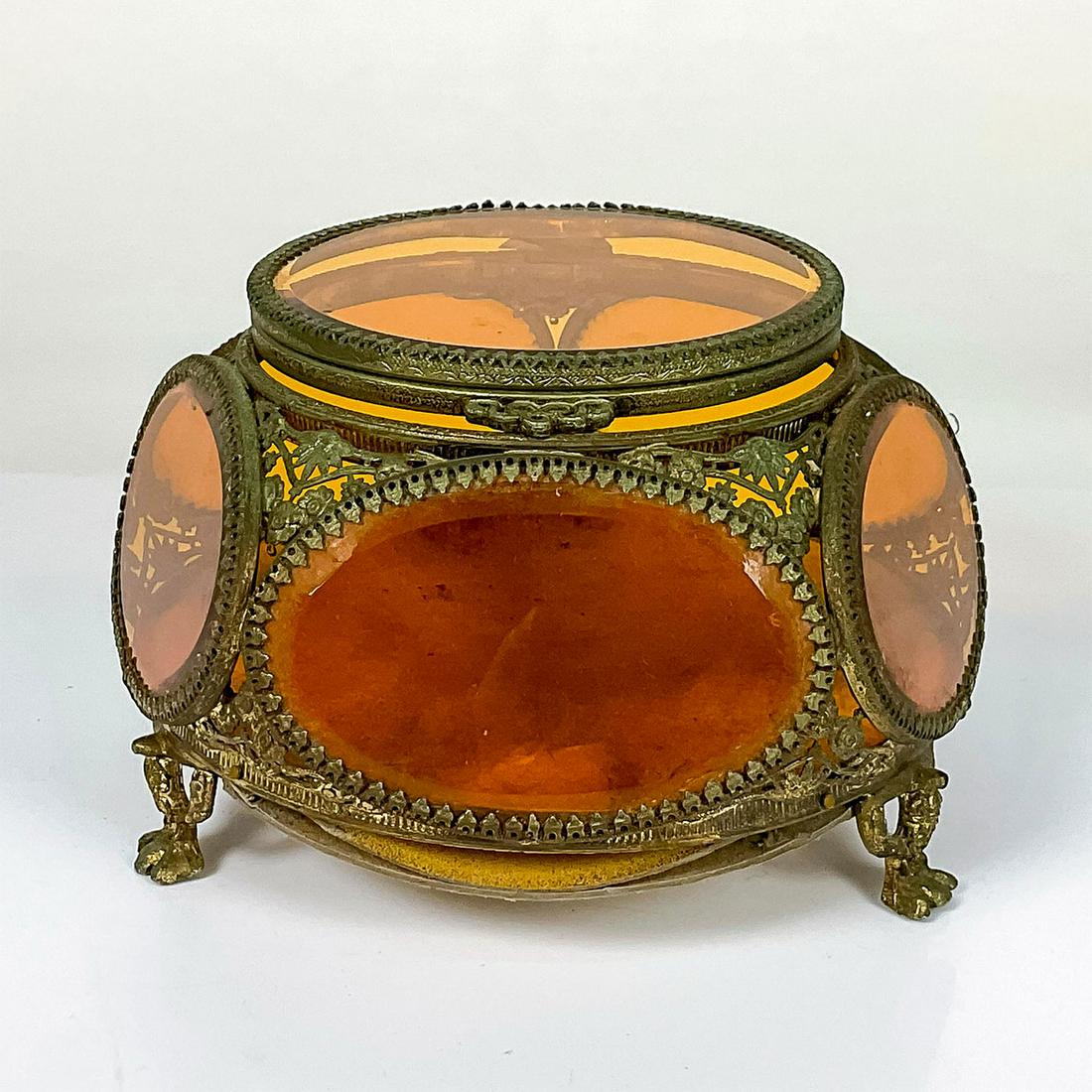 Antique French Ormolu Gold Filigree Jewelry Box Amber Glass (1 of 3)