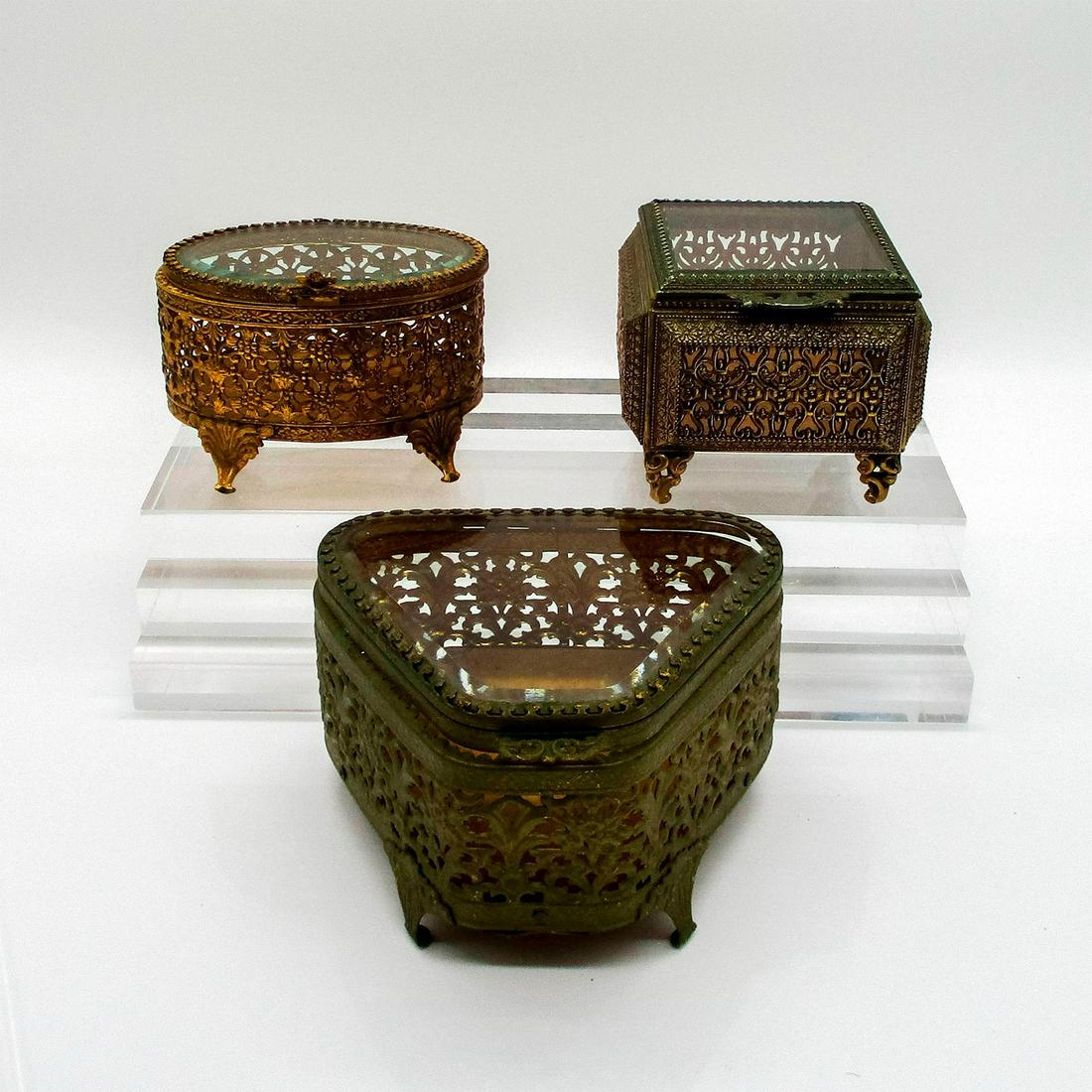 3pc Antique French Ormolu Gold Gilt Filigree Jewelry Boxes (1 of 3)