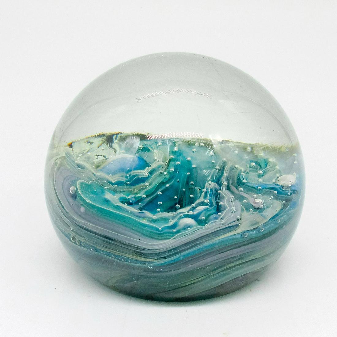 Vintage Milropa Glass Paperweight: Beautiful glass paperweight with layered pastel colors of green, blue. and violet. Segmented bubble decoration. Milropa B CW 329 signed to base. Issued: 20th c. Dimensions: 2.5" H Manufacturer: Milrop