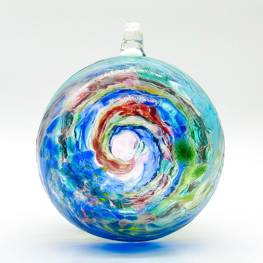 Murano Art Glass Ornament, Multicolor Swirl: Hand-blown glass ornament. Blue, red, and yellow swirl. Ridged texture. Issued: 20th c. Dimensions: 4" H Country of Origin: Italy