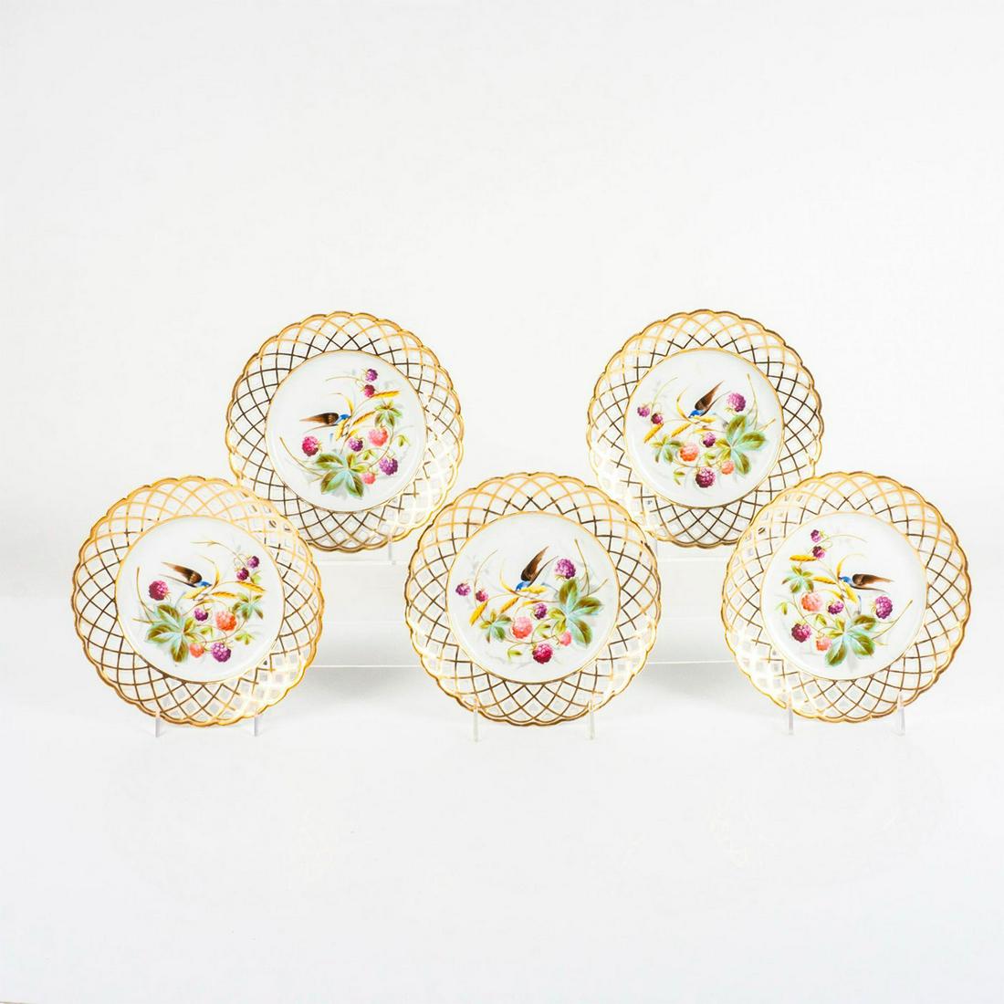Antique Set of 5 Tielsch & Co Bird and Raspberry Cabinet Plates (1 of 2)