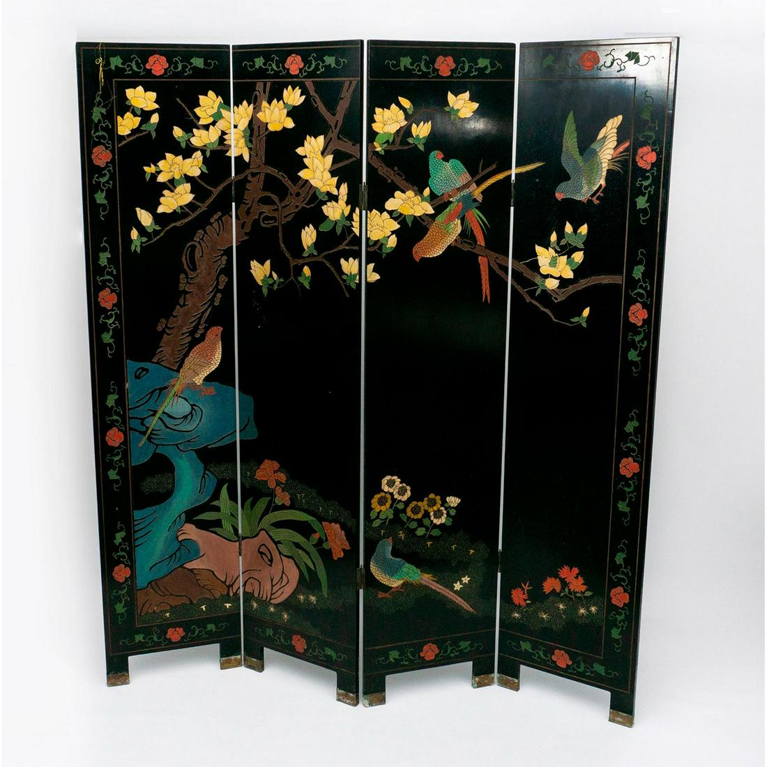 Mid-Century Chinese Black Lacquer Four Paneled Screen (1 of 10)