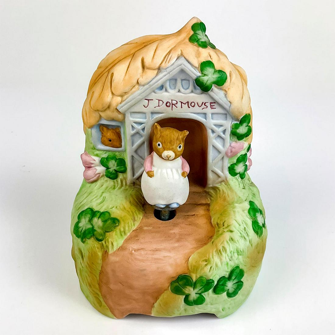Schmid Music Box Figurine, J. Dormouse House: Beatrix Potter Collection. Musical Collectibles. Hand Painted. Plays "You've Got A Friend" tune. Schmid backstamp. Dimensions: 5" H Manufacturer: Schmid Country of Origin: Sri Lanka