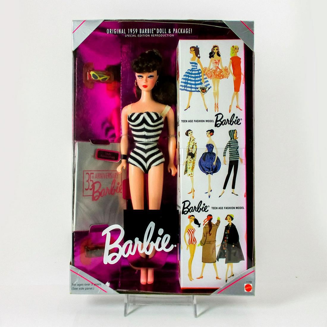 Mattel Barbie Doll, 35th Anniversary: In original box, unopened. #11782. Dimensions of box: 13"L x 9"W x 3"H. #reproduction #1959 #original #anniversary #Barbie Issued: 1993 Dimensions: 11.5" H Manufacturer: Mattel Country of Origin: Mala
