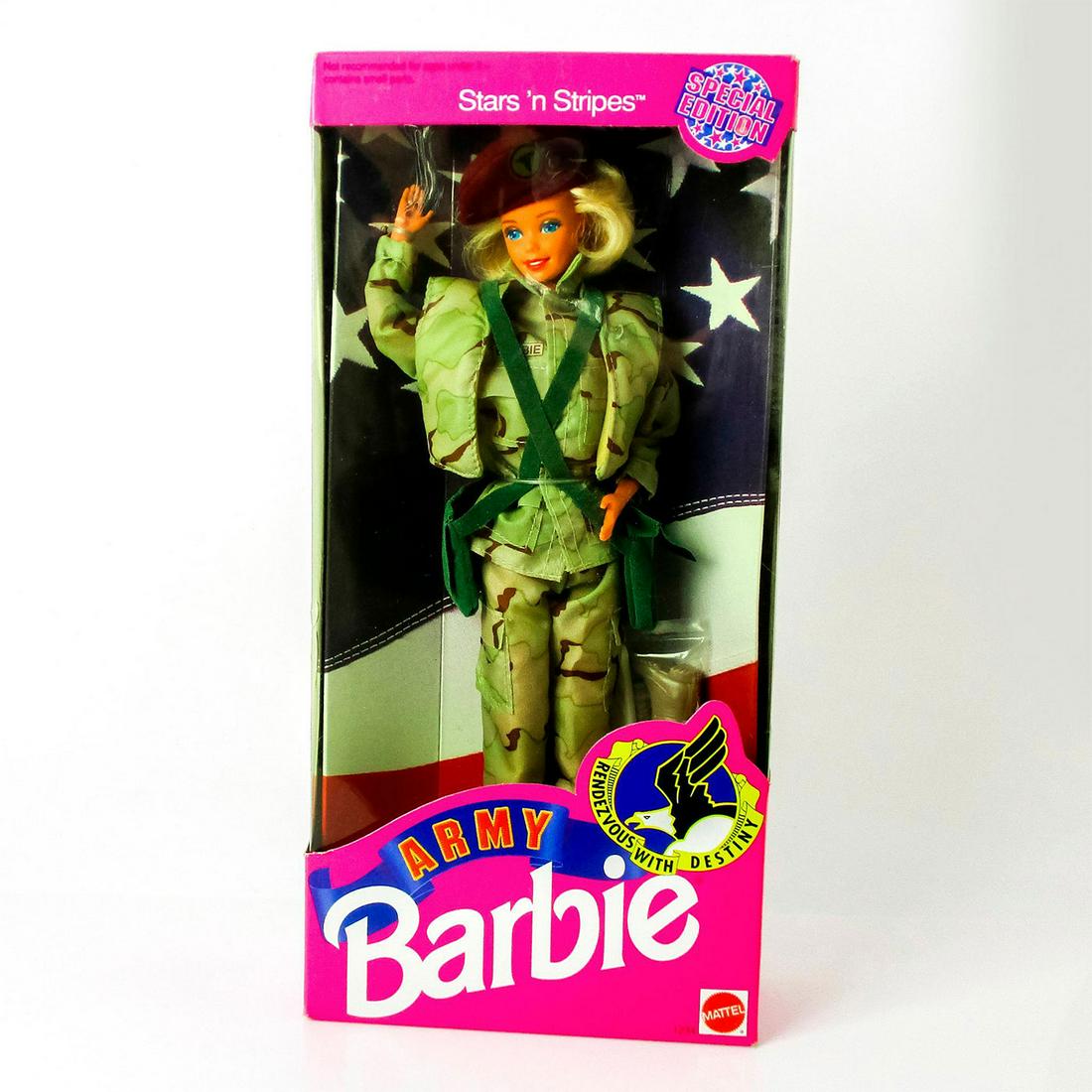 Mattel Barbie Doll, Army: Stars 'n Stripes. In original box, unopened. #1234. Dimensions of box: 13"L x 6"W x 2.5"H. #army #Barbie #mattel #military #stripes #stars Issued: 1992 Dimensions: 11.5" H Manufacturer: Mattel Country