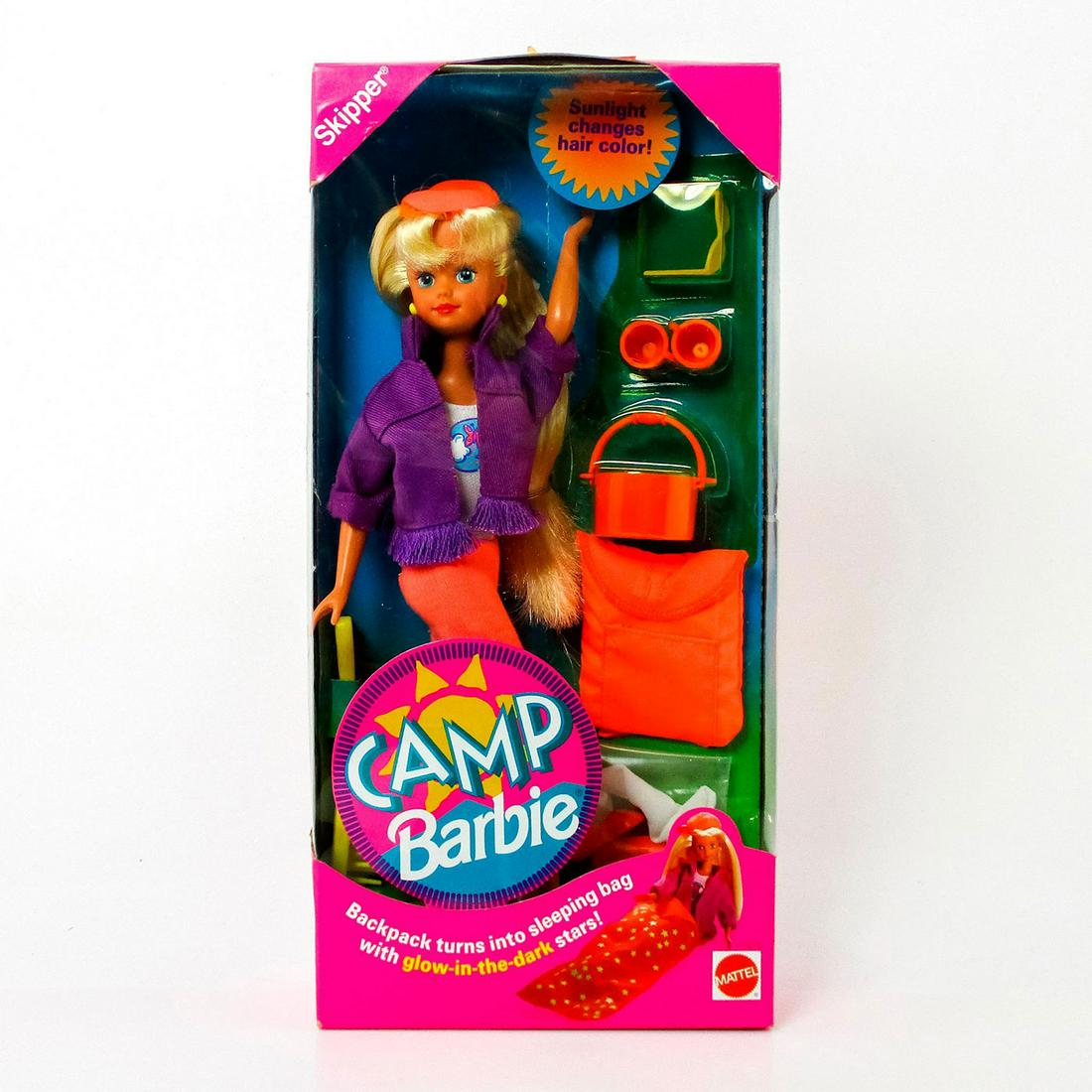Mattel Barbie Doll, Camp: Featuring little sis Skipper with camping essentials and magically streaking hair. Special Edition. Avon Exclusive. Second in a series. #11076. In original box. Dimensions of box: 13"L x 5.5"W x 2.5"H