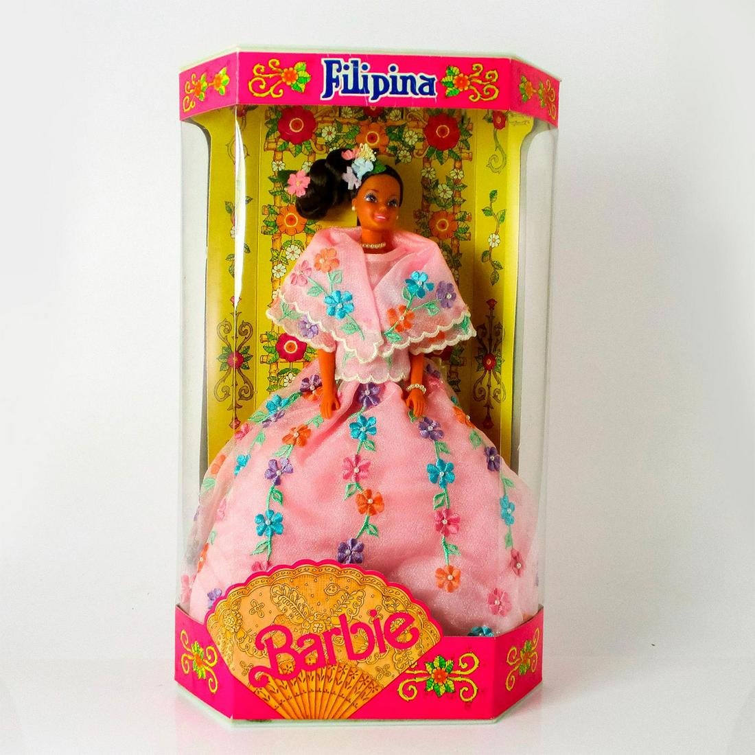 Mattel Barbie Doll, Filipina: Limited Edition. Featuring pink dress with pretty vines of flowers in several colors; pearl accents throughout. From Filipina Barbie Collector series. #7355-9898. In original box, unopened. Dimensions