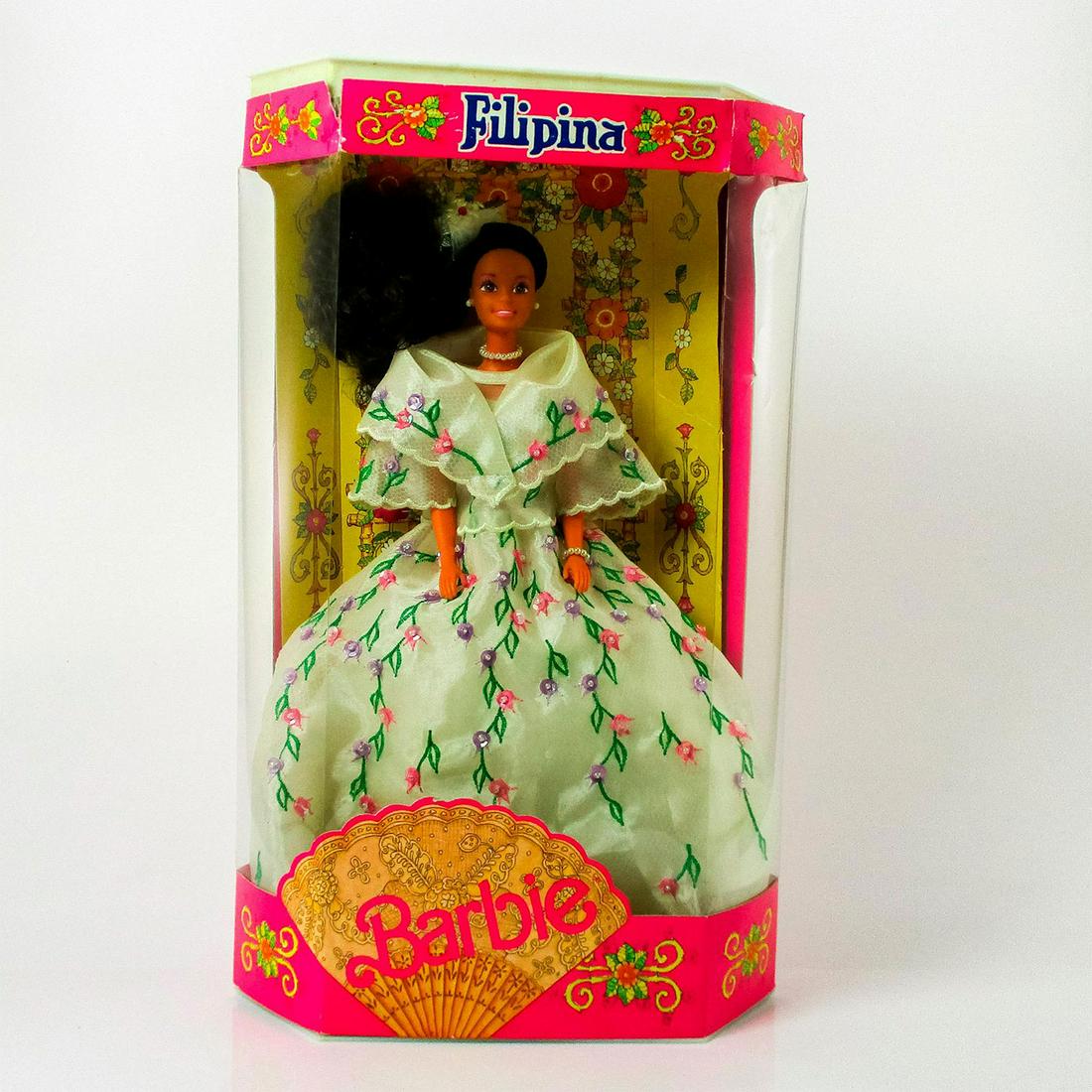 Mattel Barbie Doll, Filipina: Limited Edition. Featuring white dress with pretty pink and purple colors and sequins. From Filipina Barbie Collector series. #7355-9907. In original box, unopened. Dimensions of box: 14.5"L x 5"W x 1