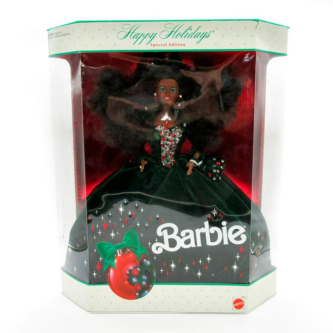 Mattel Barbie Doll, Happy Holidays: Special Edition. Featured wearing velvet green gown with sparkling adornments. Includes doll stand, hairbow, necklace, hairbrush, and shoes. Model number: 2696. Dimensions of box: 12"L x 4.25"W x 14.2