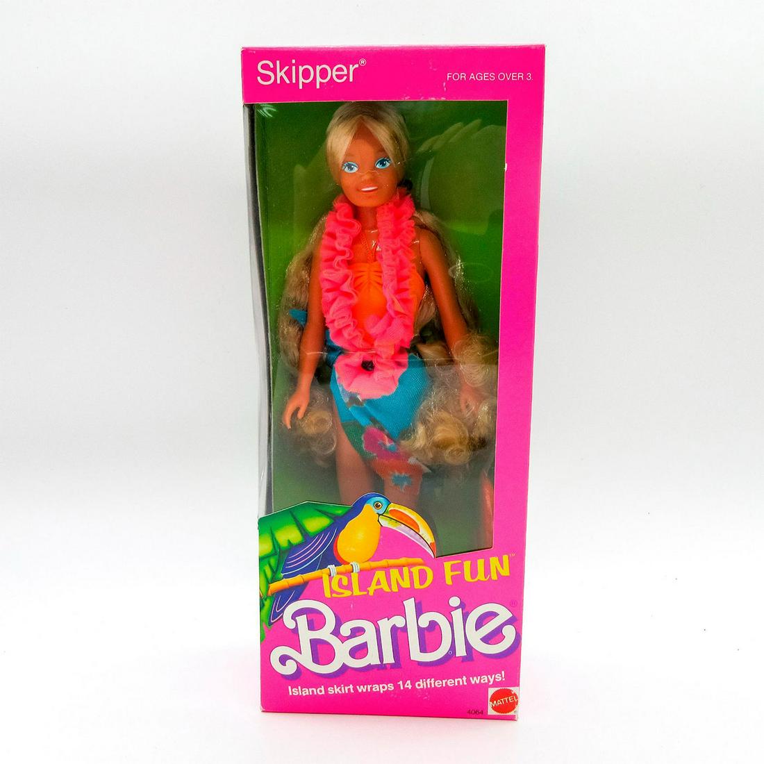 Mattel Barbie Doll, Island Fun Skipper: Features Skipper wearing a hot pink tulle lei with blue island skirt. Model number 4064. Comes in unopened original box. 10"L x 4"W x 2"H. #Barbie #Mattel #BarbieCollection Issued: 1987 Dimensions: 10