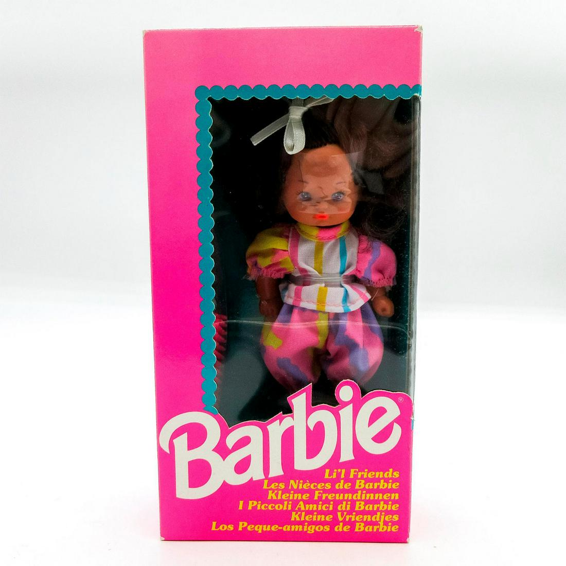 Mattel Barbie Doll, Li'l Friends: Featured wearing multicolored pants and shirt. Comes with shoes and brush. Model number: 3537. Comes in unopened original box. Dimensions of box: 3.5"L x 1.75"W x 7"H. #Barbie #Mattel Issued: 1992 Dim