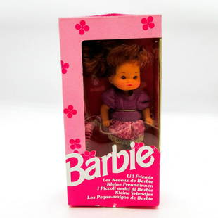 Mattel Barbie Doll, Li'l Friends: Featured wearing pink and purple skirt with purple shirt. Comes with shoes and brush. Model number: 2202. Comes in unopened original box. Dimensions of box: 3.5"L x 1.75"W x 7"H. #Barbie #Mattel Issue