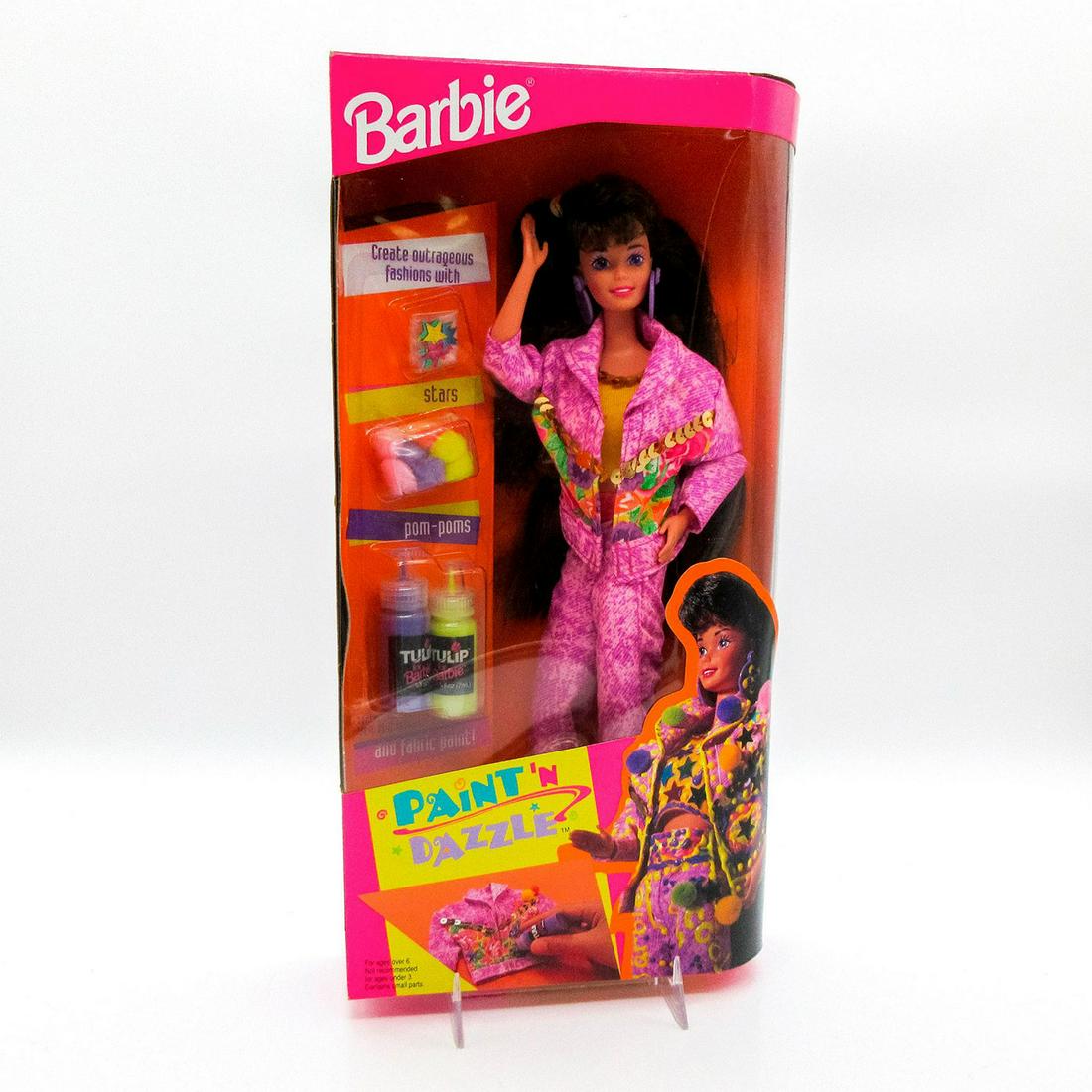 Mattel Barbie Doll, Paint 'N Dazzle: In original box, unopened. #10059. Dimensions of box: 13"L x 6.5"W x 2.25"H. #mattel #Barbie #paint #fun #dazzle #brunette Issued: 1993 Dimensions: 11.5" H Manufacturer: Mattel Country of Origin: Chin