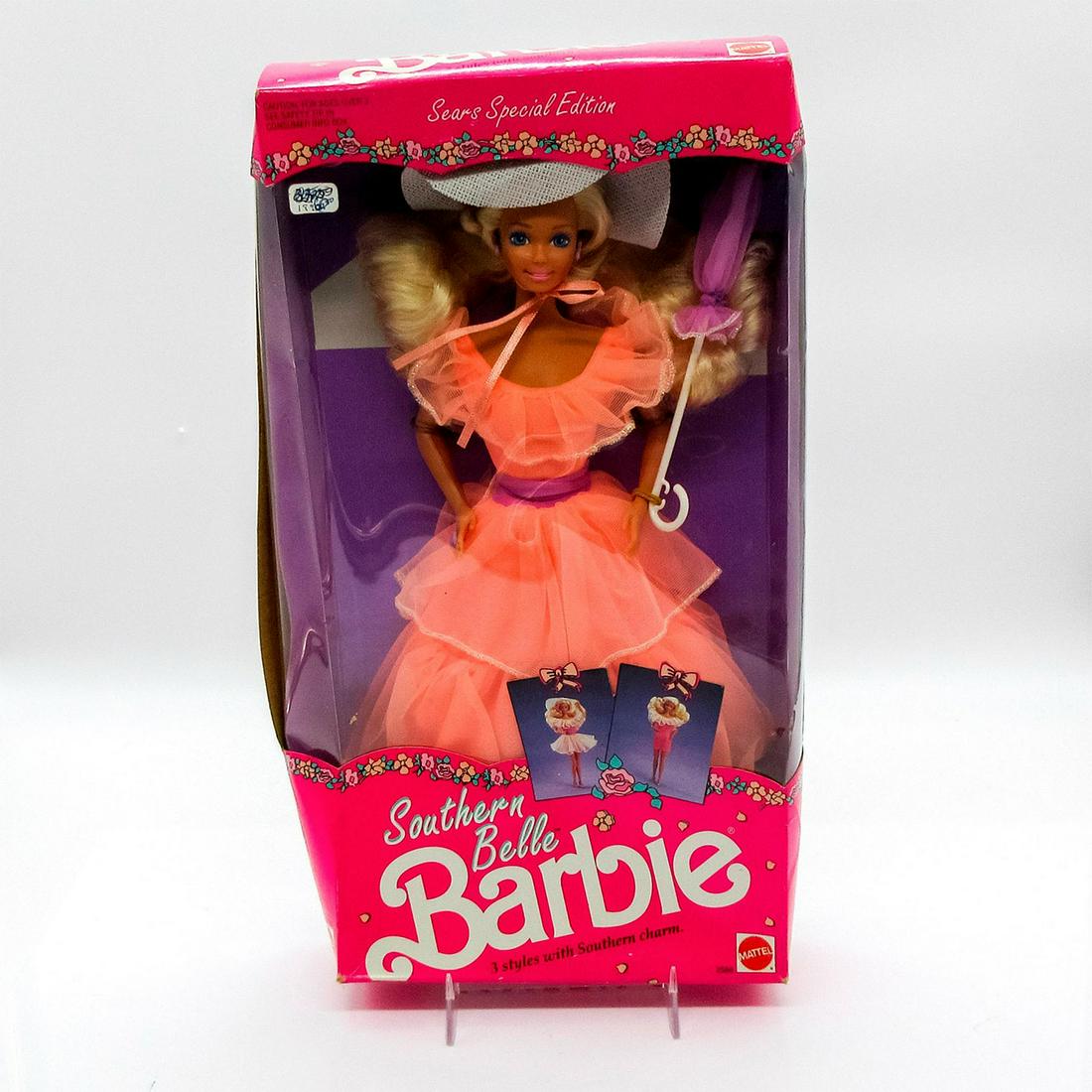 Mattel Barbie Doll, Southern Belle: Sears Exclusive. Featuring pretty peach 3-layer dress with sparkled trim; with lilac parasol. Special Edition. #2586. In original box, unopened. Dimensions of box: 13"L x 3"W x 13"H. #peach #mattel #B