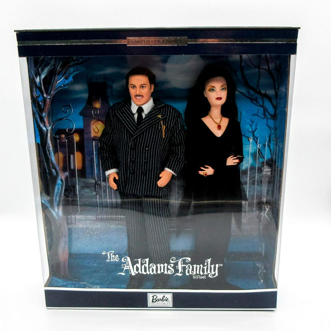 Mattel Barbie Doll, The Addams Family Giftset: Featuring Barbie and Ken dressed as ghoulish couple in gothic tones standing outside their spooky manor. Part of Barbie Collectibles. Collector Edition. #27276. In original box, unopened. Dimensions o