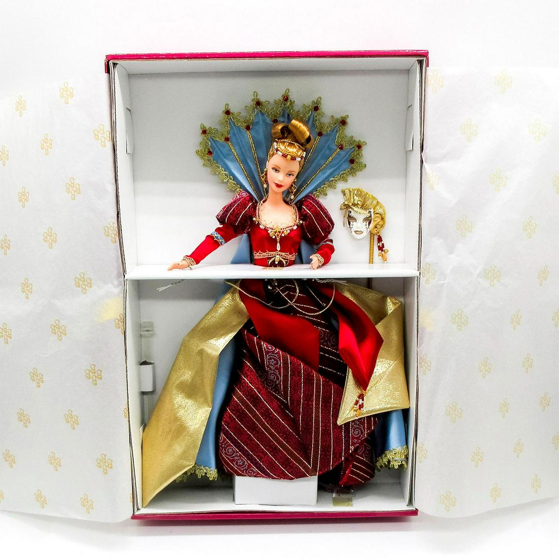 Mattel Barbie Doll, Venetian Opulence: Featuring multicolored jacquard skirt with high collar attached to cape. Collector Edition. First in Couture Collection series. #24501. In original box, unopened. Dimensions of box: 15.5"L x 3"W x 15.
