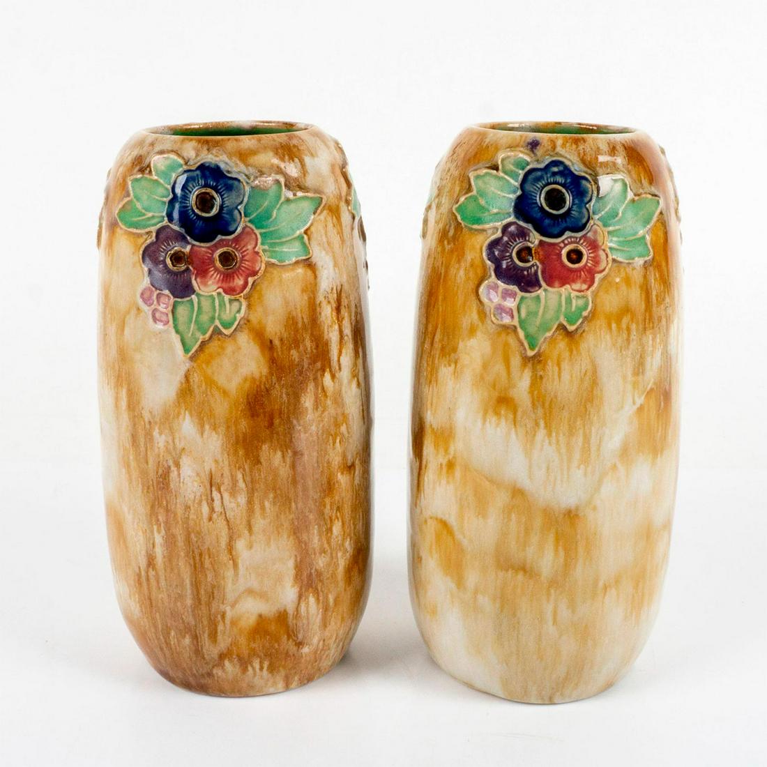 Pair of Antique Royal Doulton Floral Style Vase: Colorful painted flowers over a khaki glaze ground with tubelining. Royal Doulton impressed stamp. Artist: William Rowe Issued: c. 1925 Dimensions: 7.5" H x 4" Diameter Manufacturer: Royal Doulton Cou