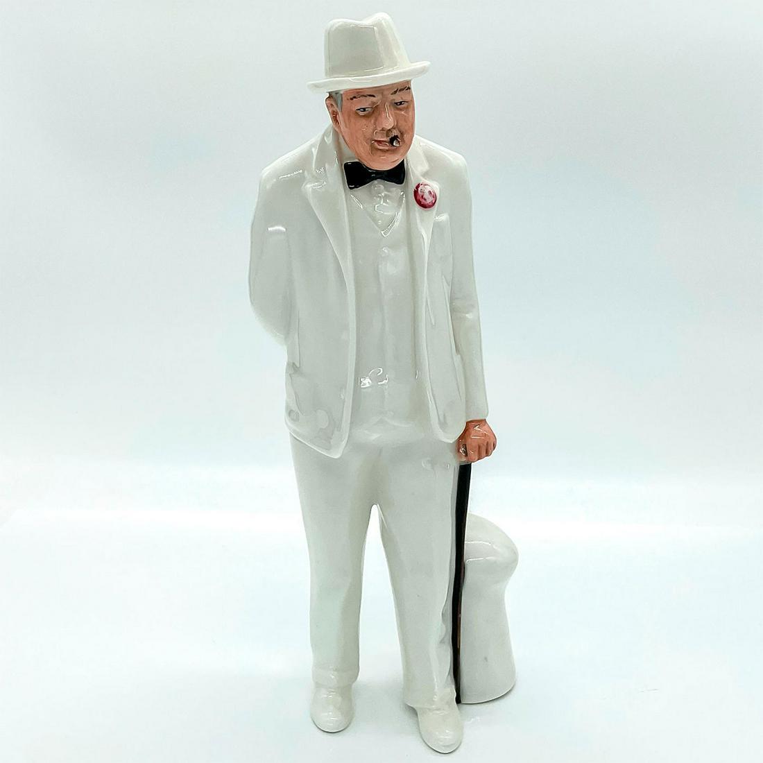 Royal Doulton Figurine, Sir Winston Churchill HN3057: Part of Men of History series. Depicts Winston Churchill in a white suit with a cane. This item has no reserve. Royal Doulton backstamp. Artist: Adrian Hughes Issued: 1984 Dimensions: 2.5" L x 3.5" W 